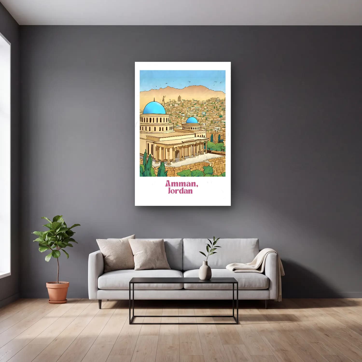 Pop Art Katedral cam tablo — gri duvarlı salonda