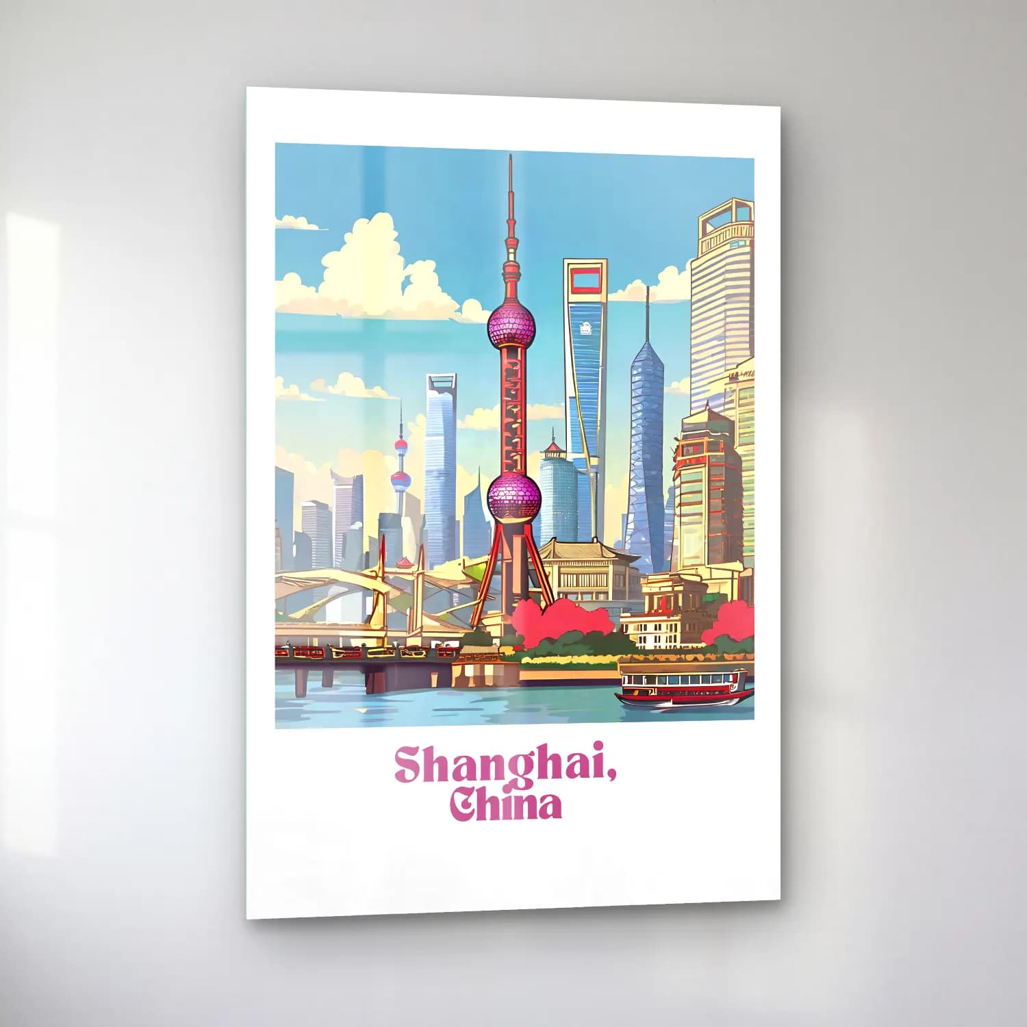 Vintage Poster Japon Şehri – Kırmızı Tonlar cam tablo — sol açıdan görünüm