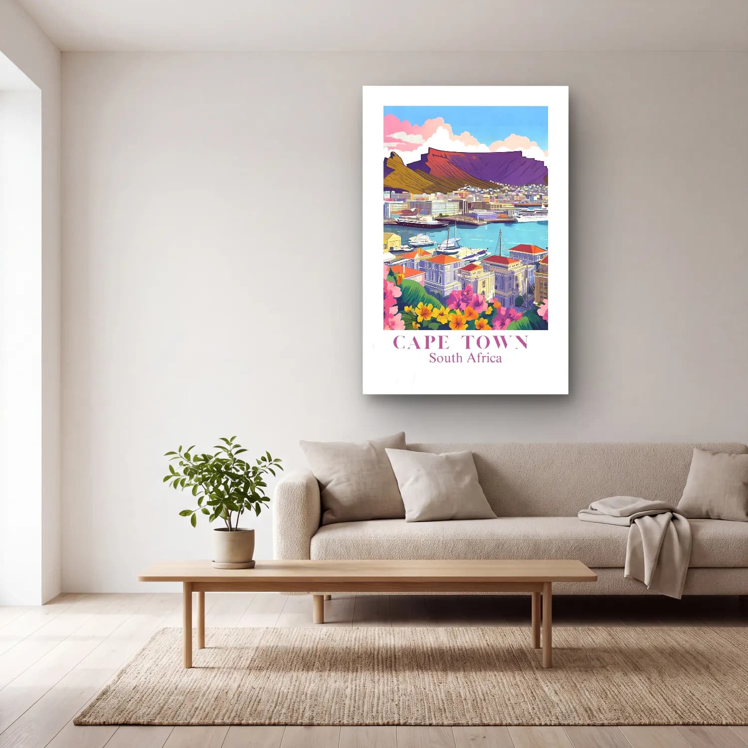Pastel Liman ve Tekneler No. 6 cam tablo — açık renk salonda