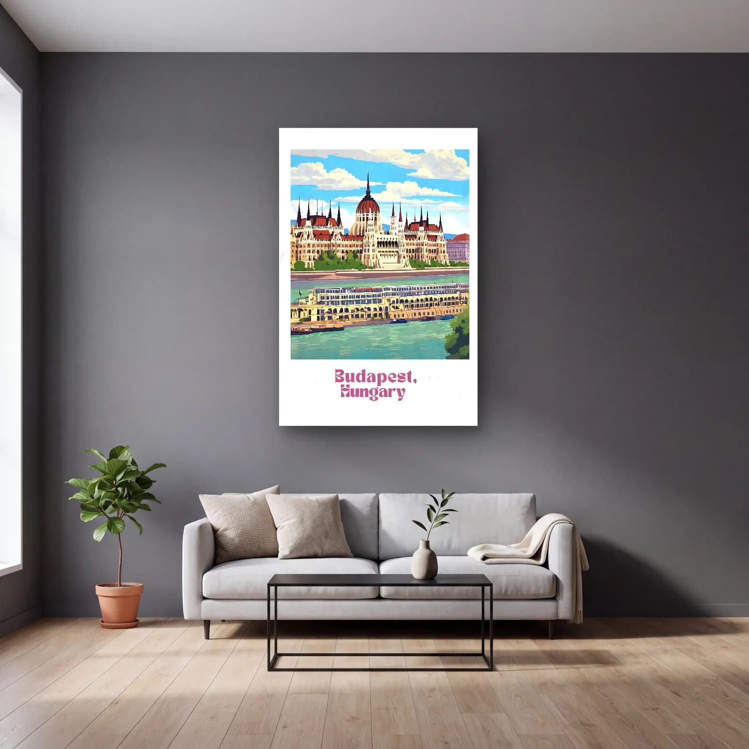 Vintage Poster Tren – Mor Tonlar cam tablo — gri duvarlı salonda