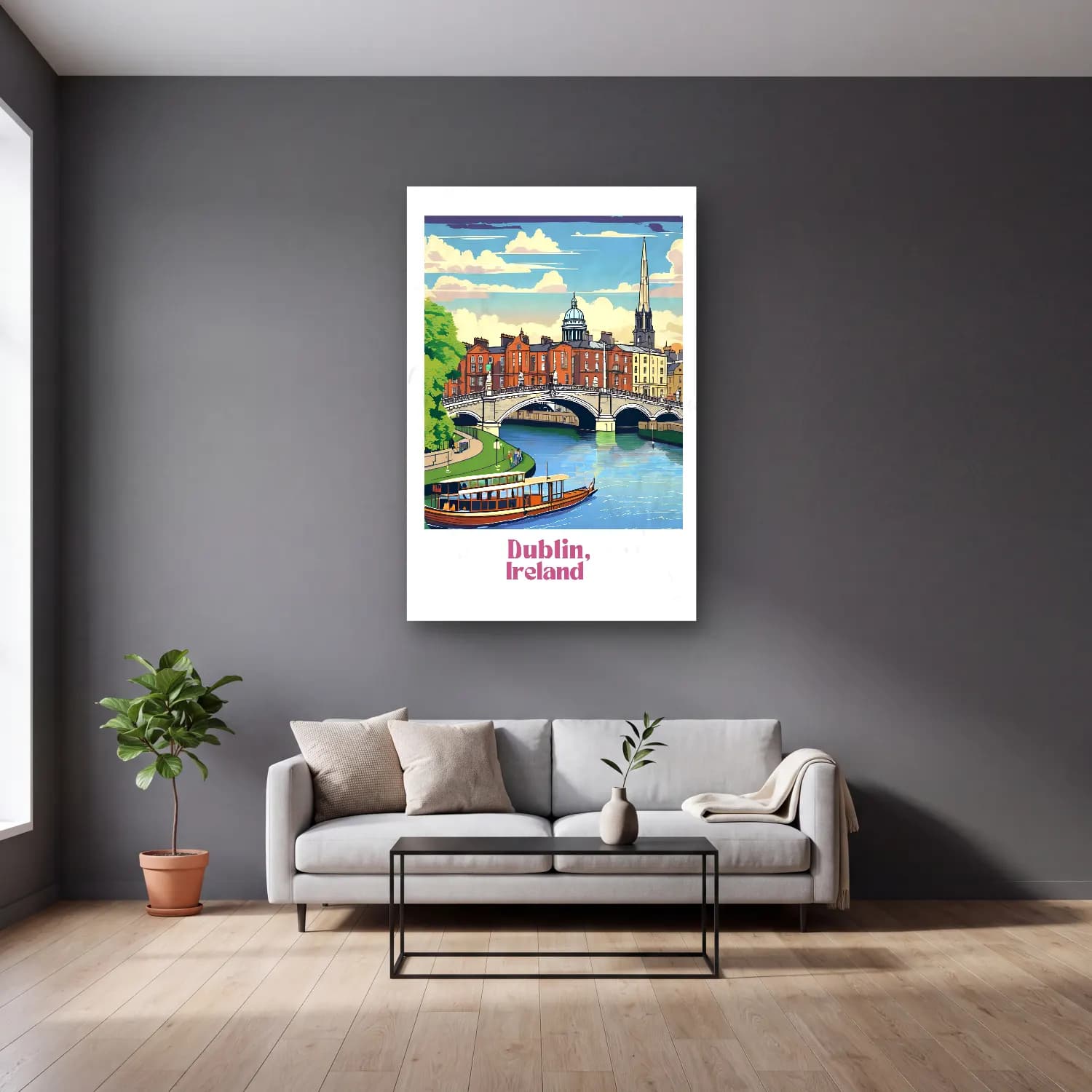 Vintage Poster Köprü – Turkuaz Tonlar cam tablo — gri duvarlı salonda