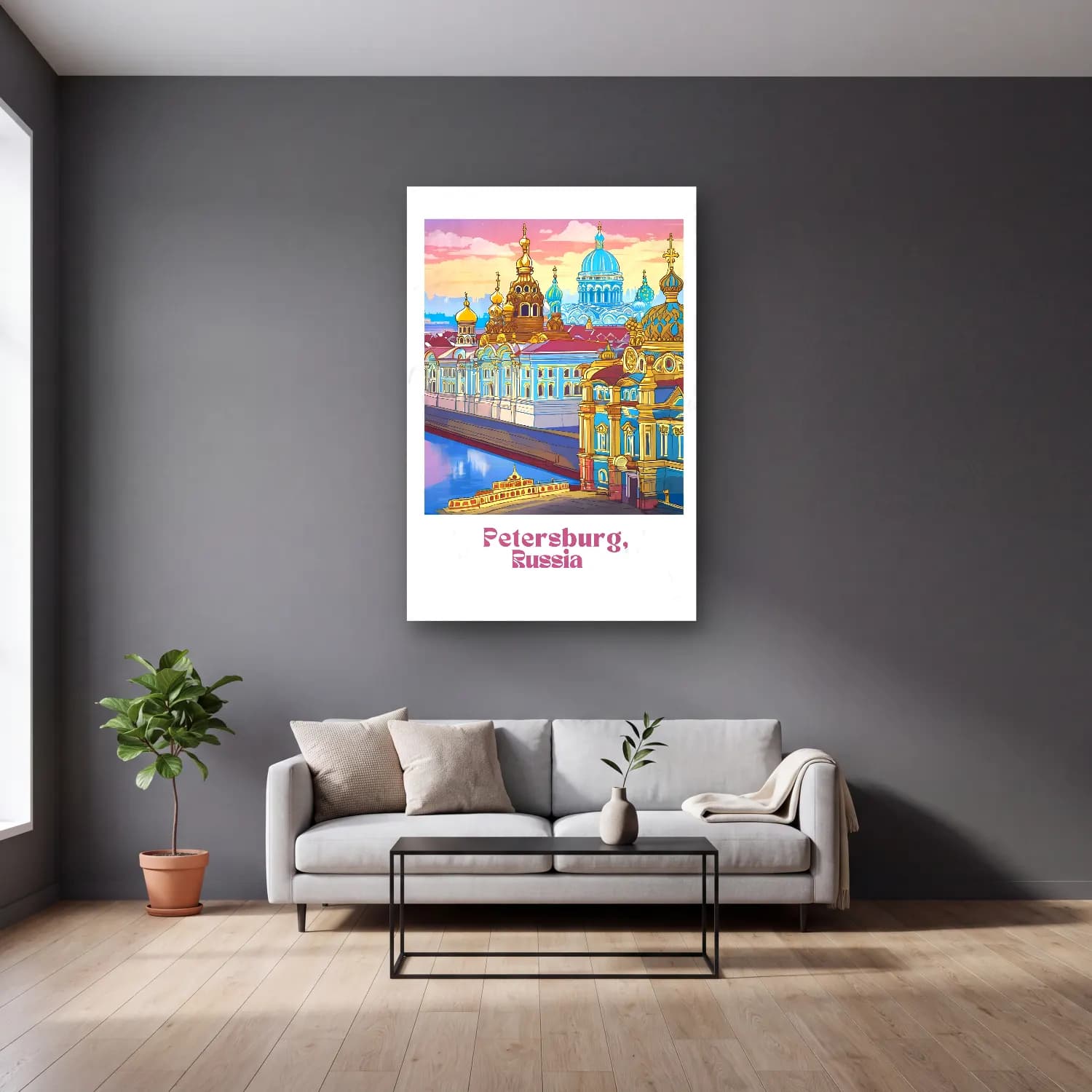 Vintage Poster Katedral No. 19 cam tablo — gri duvarlı salonda