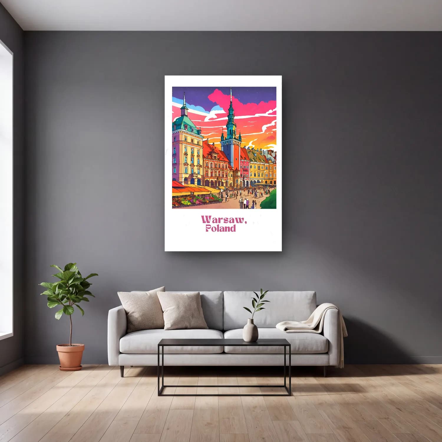 Vintage Poster Kafeli Avrupa Sokağı – Turuncu Tonlar cam tablo — gri duvarlı salonda