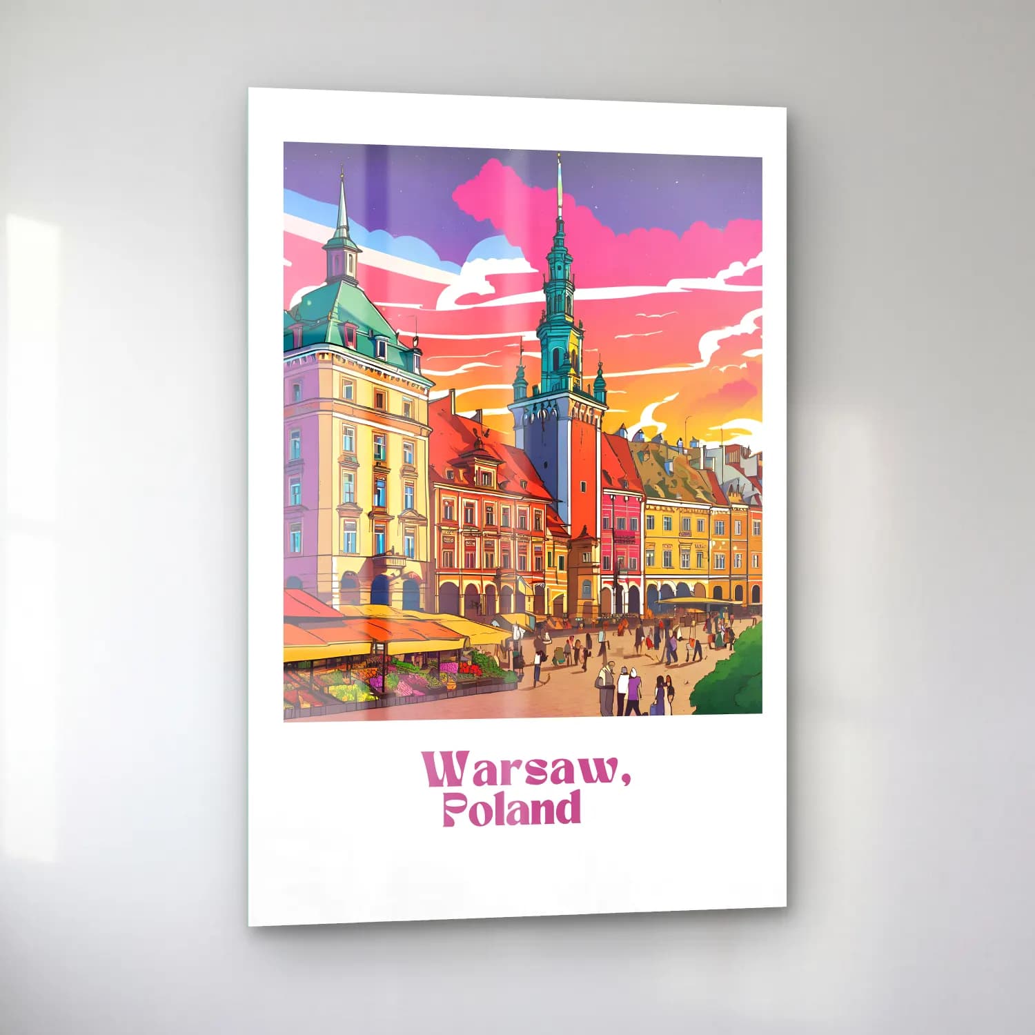 Vintage Poster Kafeli Avrupa Sokağı – Turuncu Tonlar cam tablo — sol açıdan görünüm