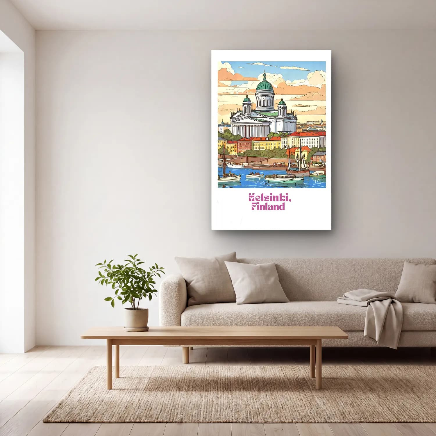 Vintage Poster Liman ve Tekneler – Bej Tonlar cam tablo — açık renk salonda