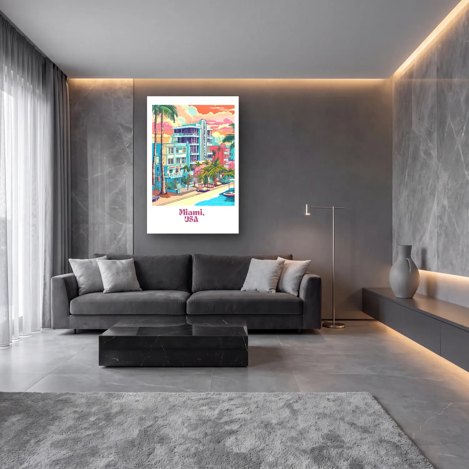 Pastel Akdeniz Sahil Kasabası – Pembe Tonlar cam tablo — lüks salon duvarında