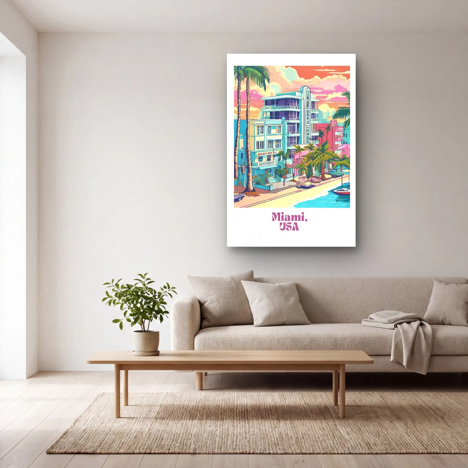 Pastel Akdeniz Sahil Kasabası – Pembe Tonlar cam tablo — açık renk salonda