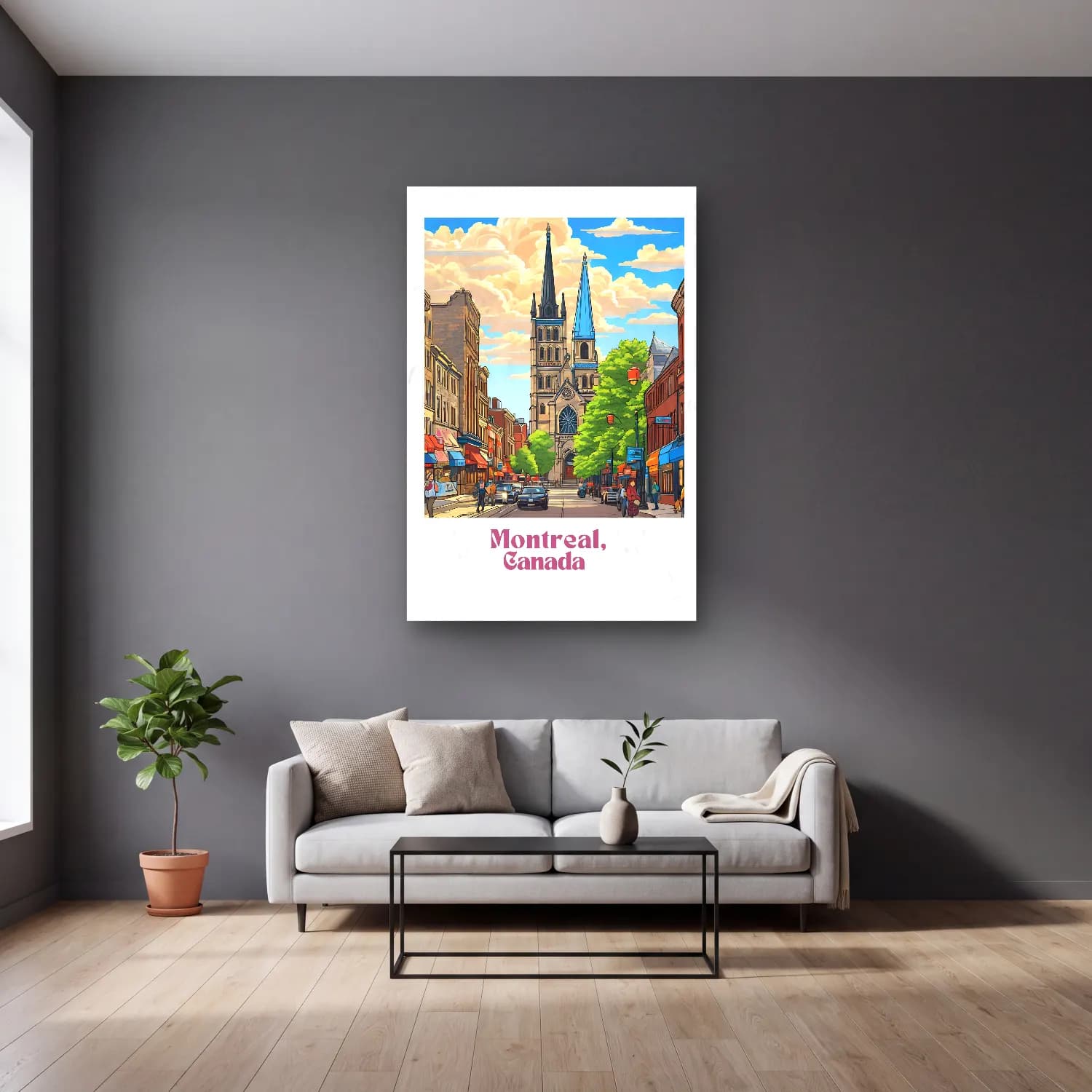 Vintage Poster Katedral No. 20 cam tablo — gri duvarlı salonda