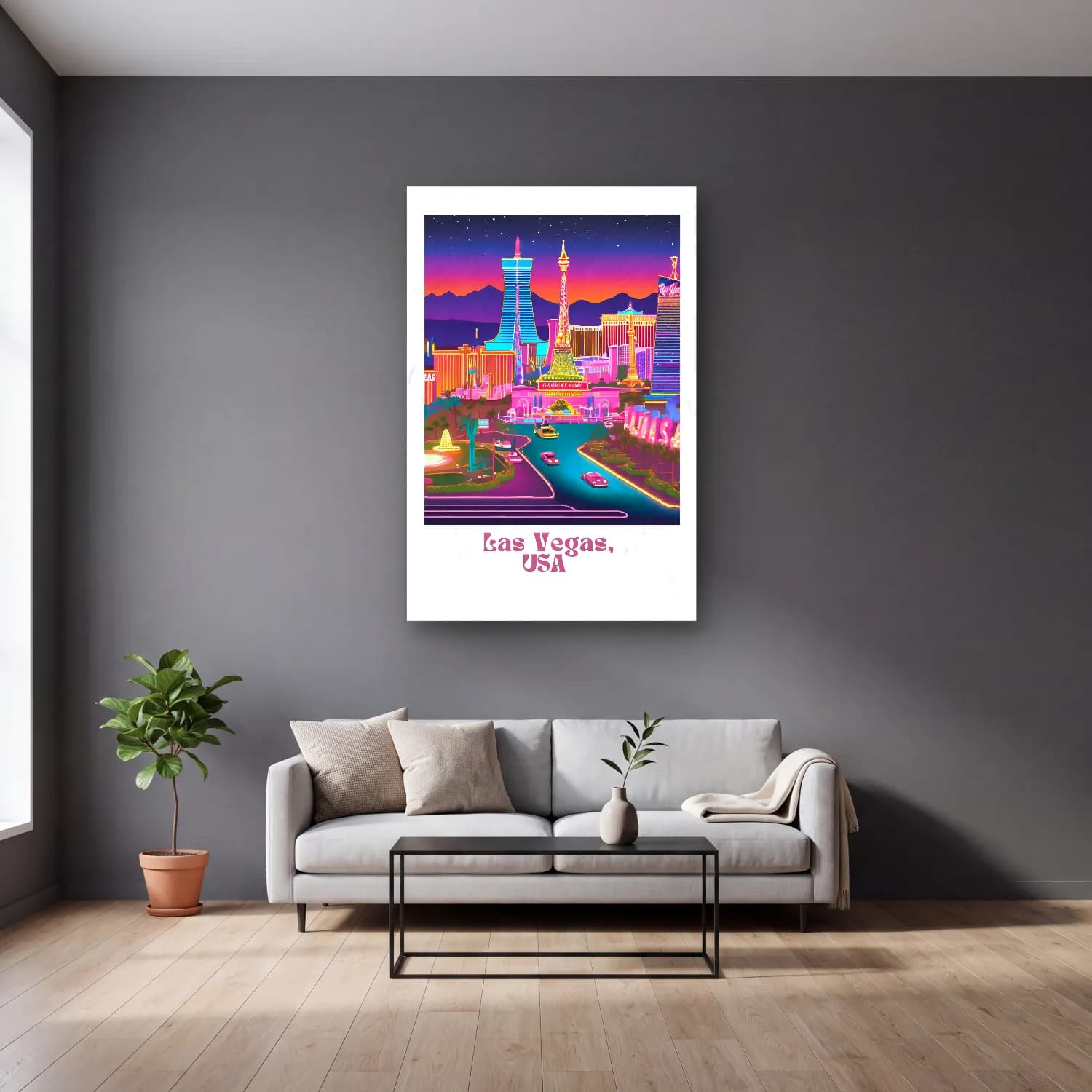 Pastel Gece Şehir – Pembe Tonlar cam tablo — gri duvarlı salonda