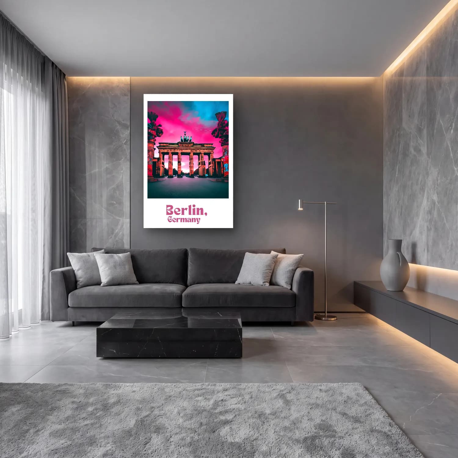 Pop Art Gece Şehir cam tablo — lüks salon duvarında