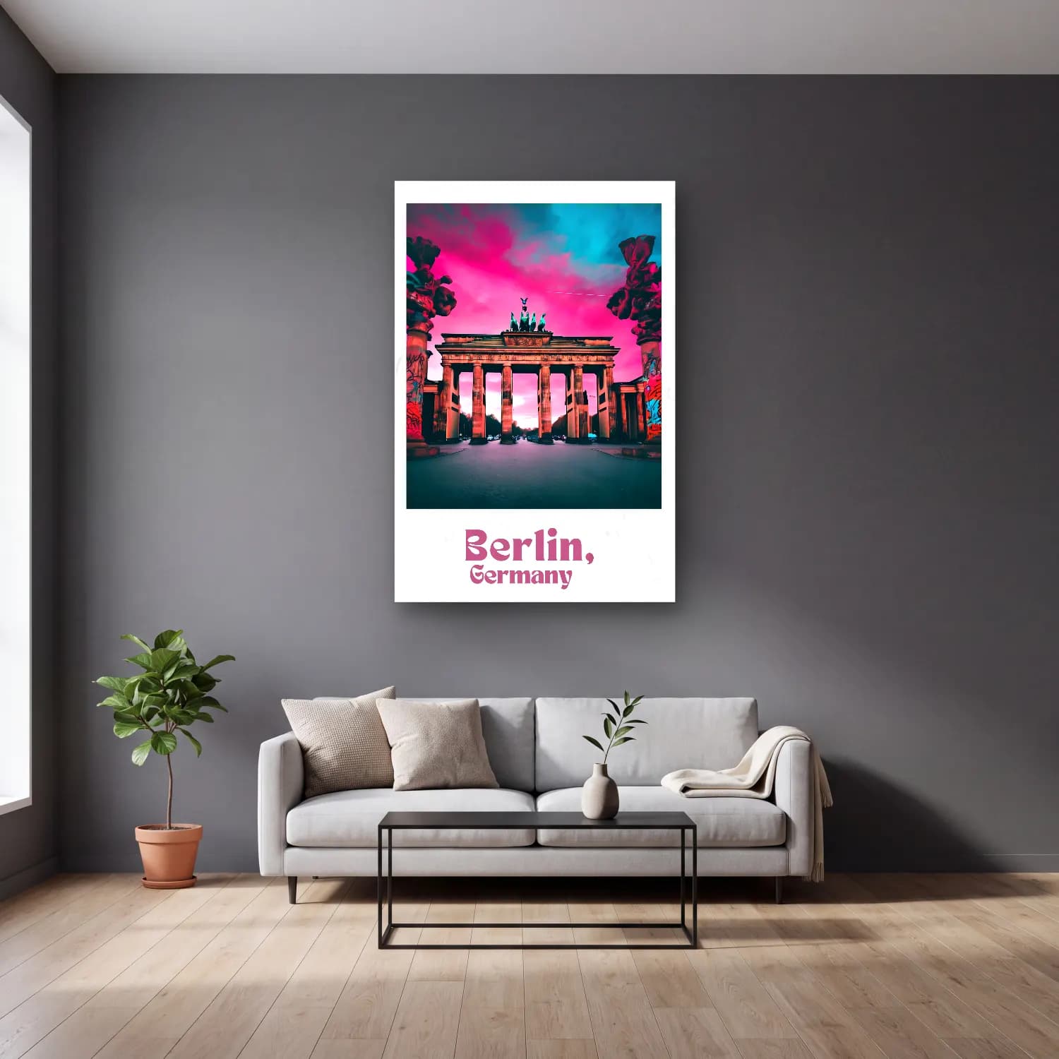 Pop Art Gece Şehir cam tablo — gri duvarlı salonda