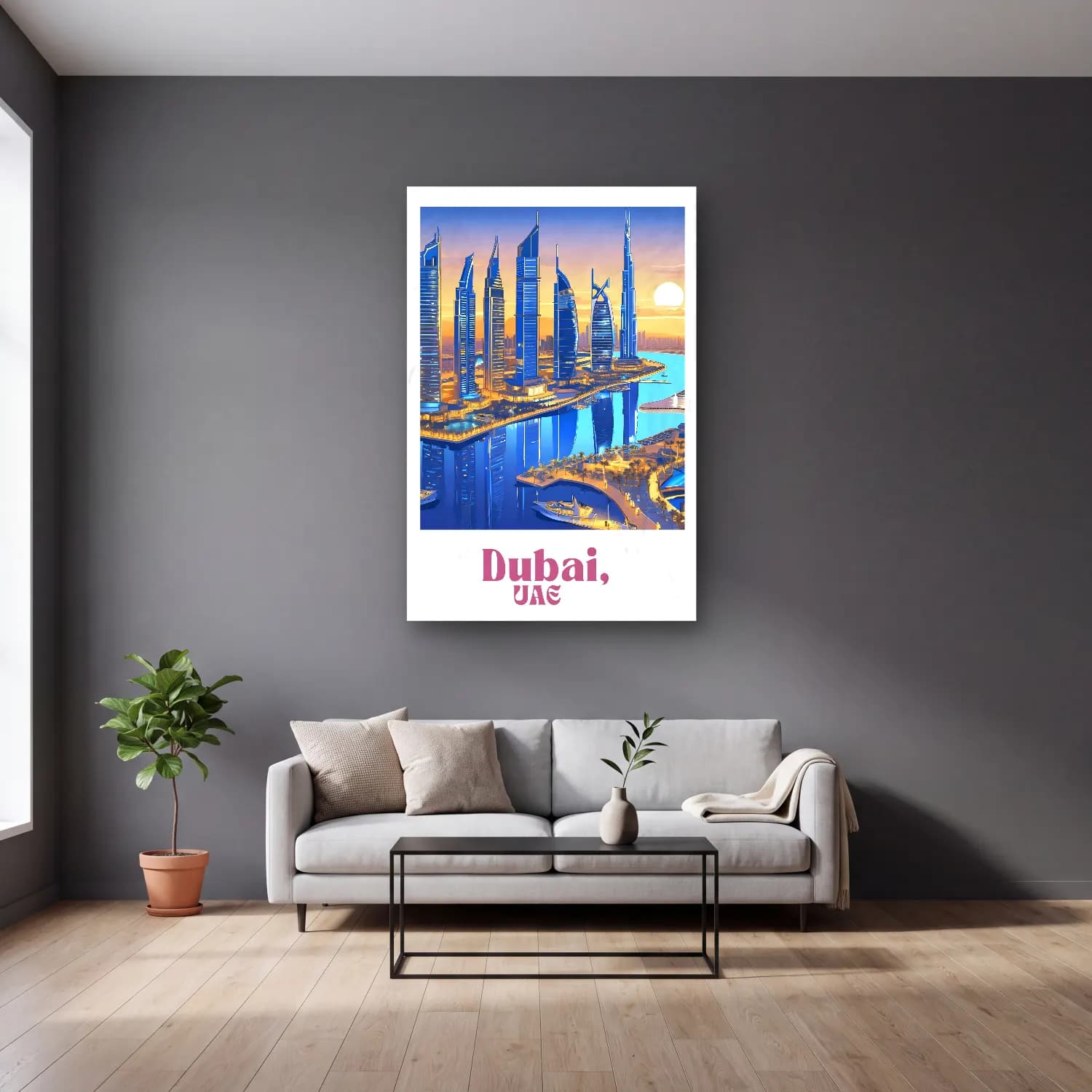 Vintage Poster Gece Şehir No. 10 cam tablo — gri duvarlı salonda
