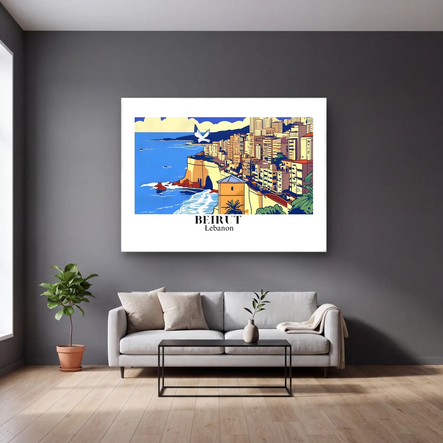 Vintage Poster Akdeniz Sahil Kasabası No. 13 cam tablo — gri duvarlı salonda