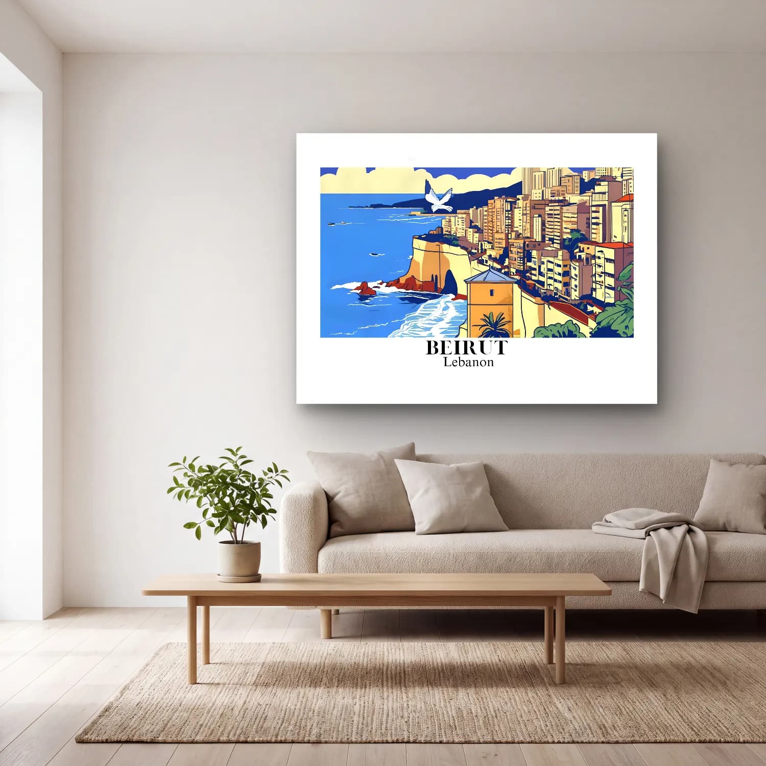 Vintage Poster Akdeniz Sahil Kasabası No. 13 cam tablo — açık renk salonda