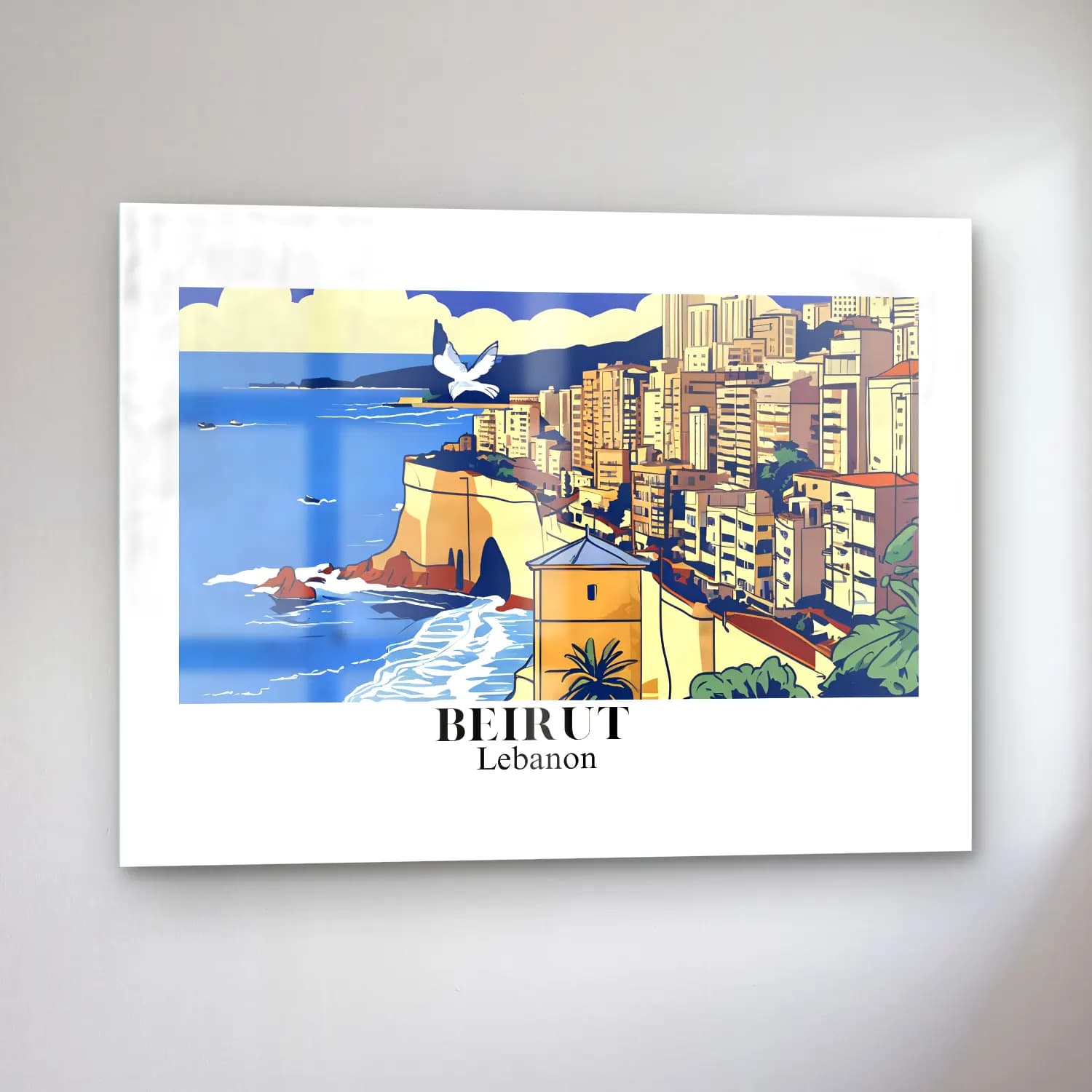 Vintage Poster Akdeniz Sahil Kasabası No. 13 cam tablo — sol açıdan görünüm