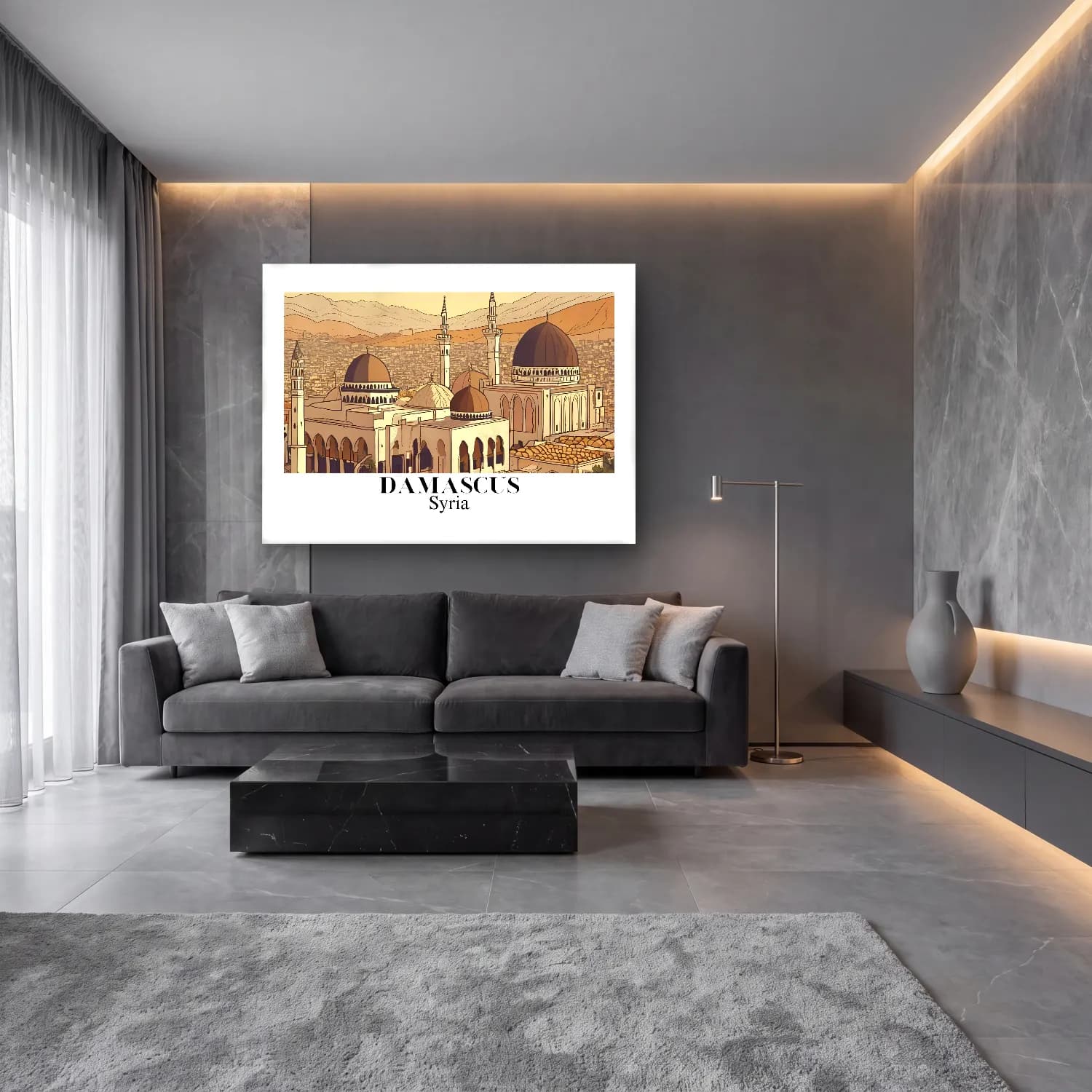 Vintage İstanbul cam tablo — lüks salon duvarında