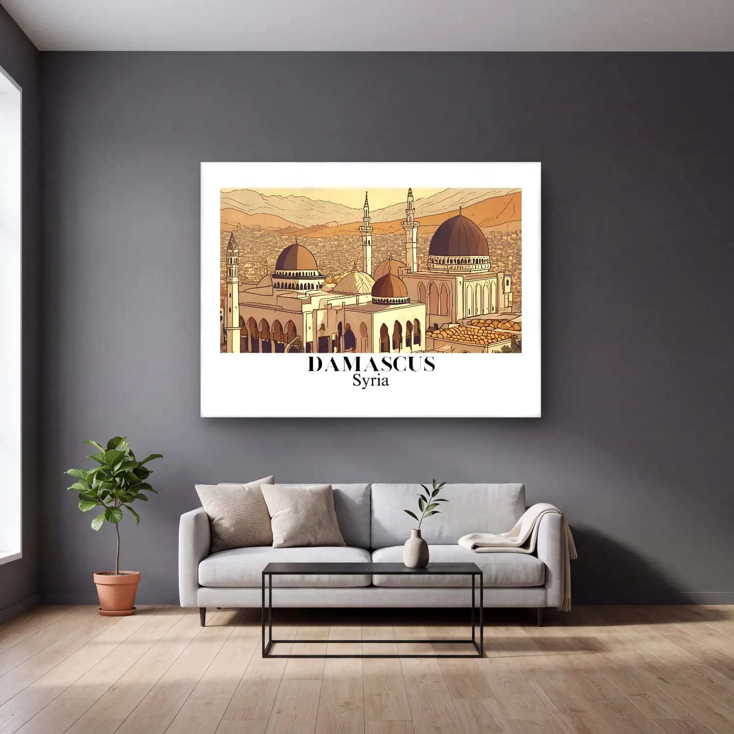 Vintage İstanbul cam tablo — gri duvarlı salonda