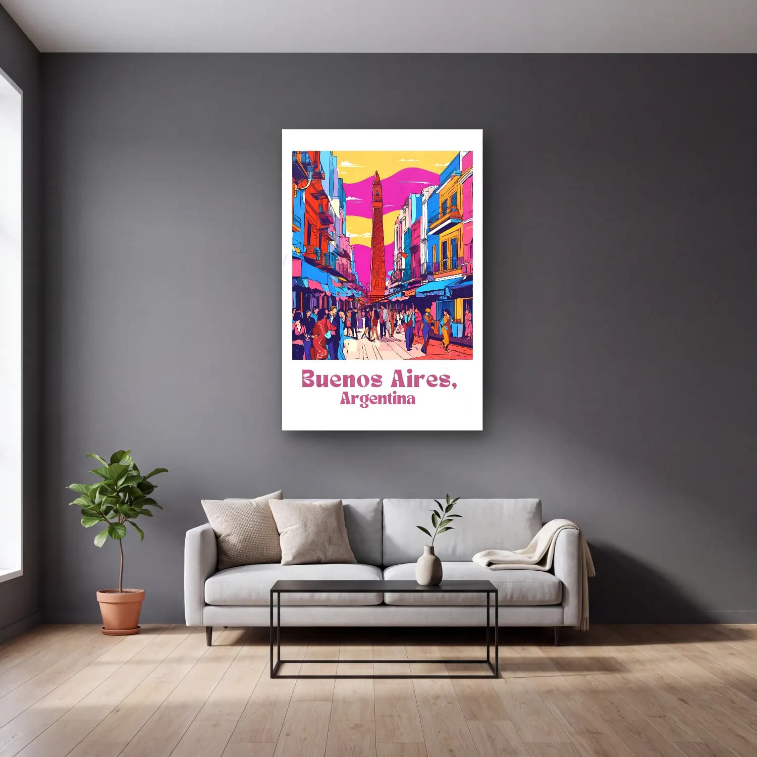 Vintage Poster Kafeli Avrupa Sokağı – Pembe Tonlar cam tablo — gri duvarlı salonda