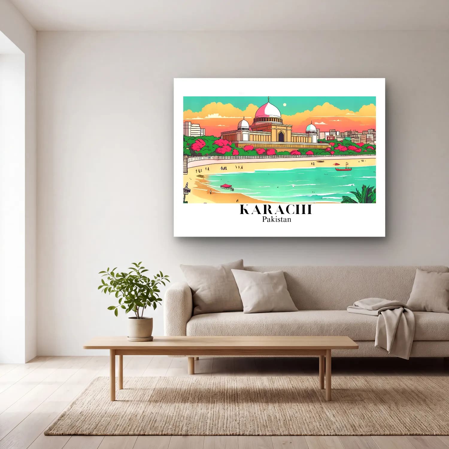 Pastel Akdeniz Sahil Kasabası – Turkuaz Tonlar cam tablo — açık renk salonda