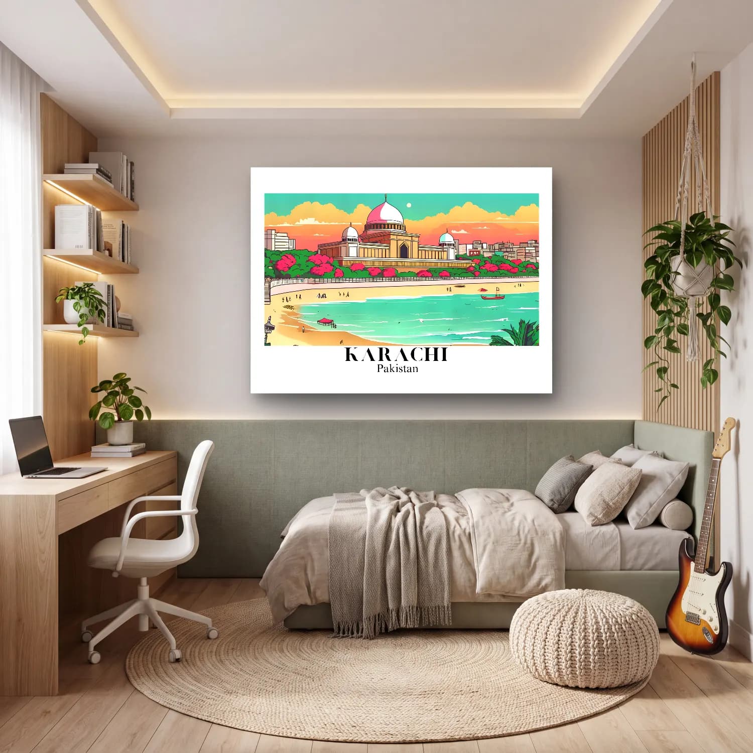 Pastel Akdeniz Sahil Kasabası – Turkuaz Tonlar cam tablo — genç odasında