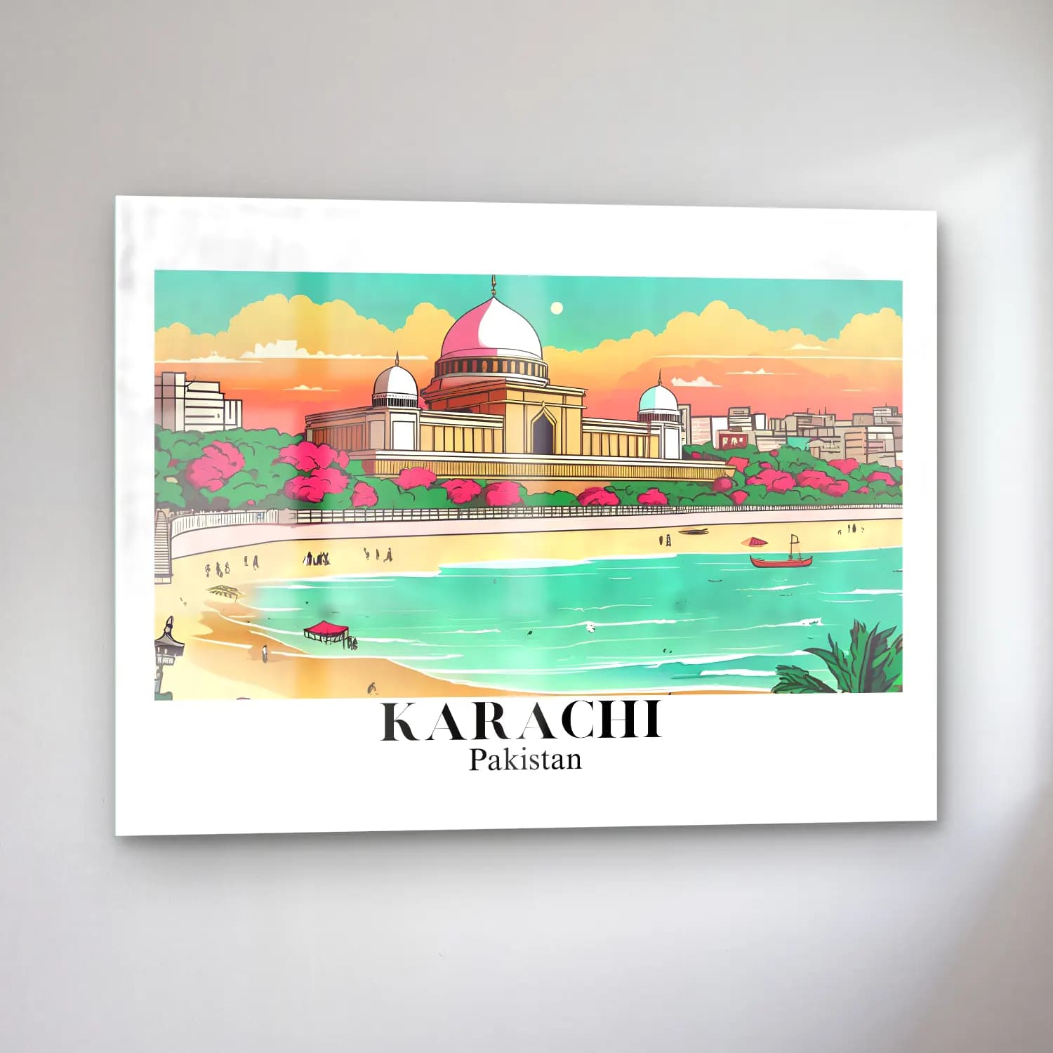 Pastel Akdeniz Sahil Kasabası – Turkuaz Tonlar cam tablo — sol açıdan görünüm