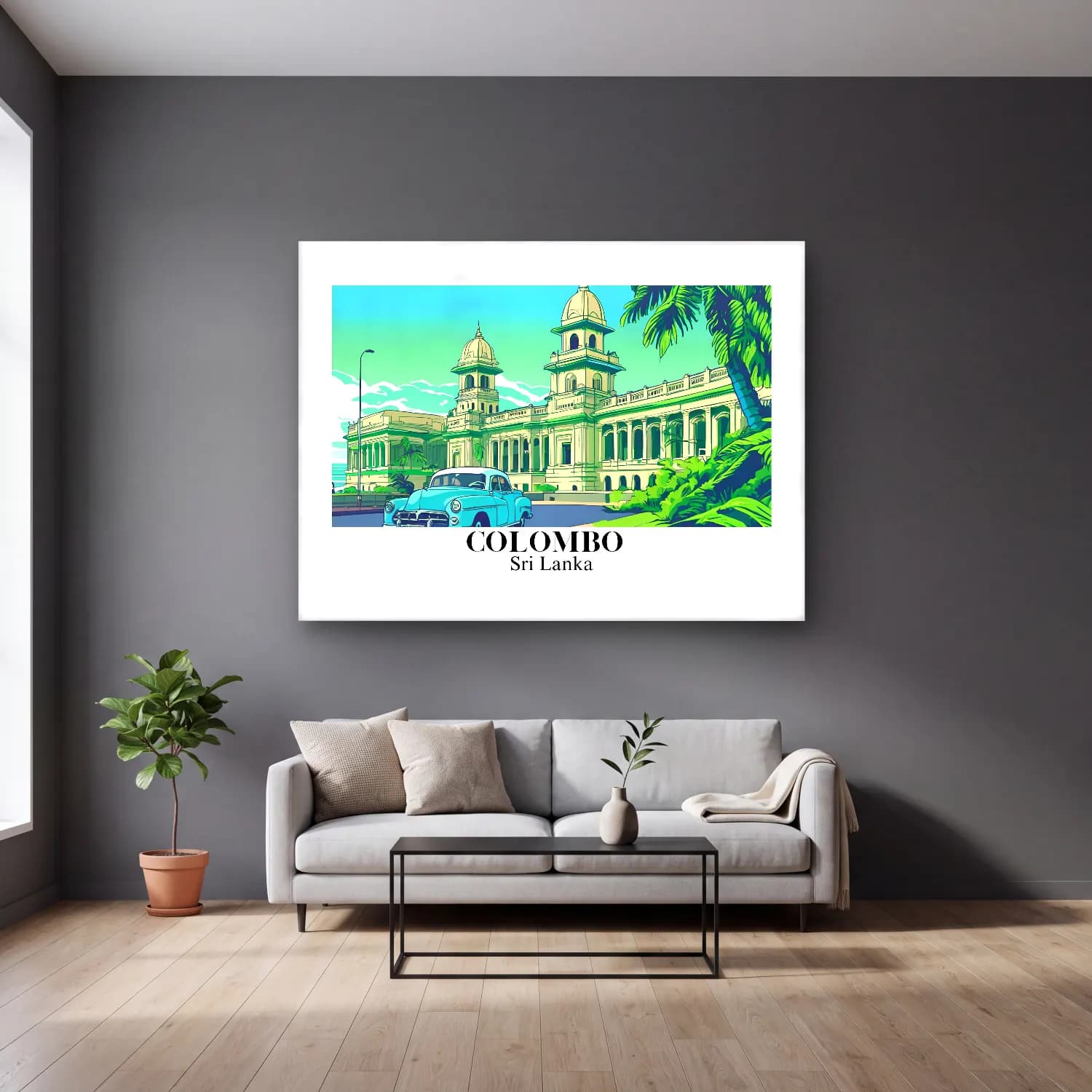 Vintage Poster Klasik Araba – Turkuaz Tonlar cam tablo — gri duvarlı salonda