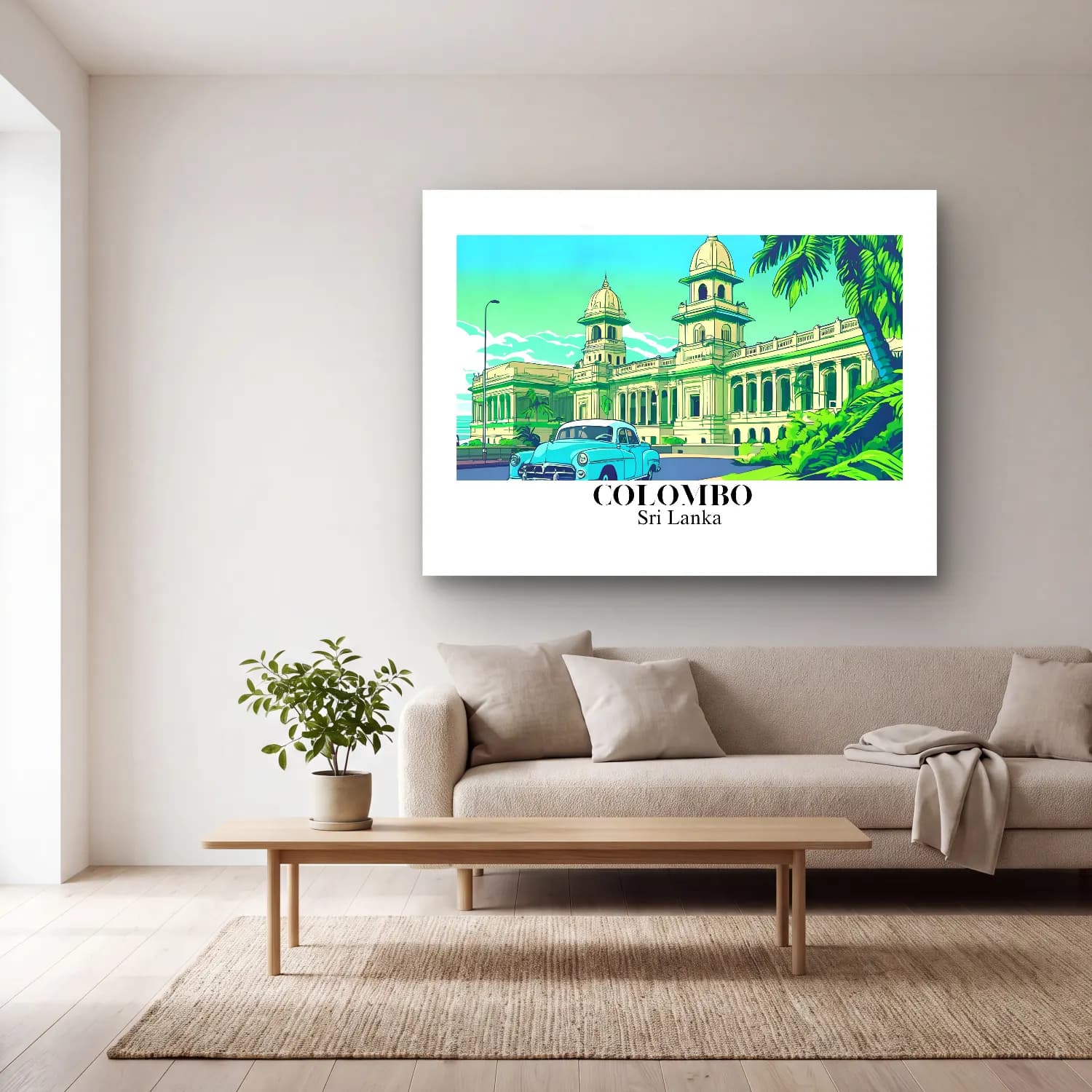 Vintage Poster Klasik Araba – Turkuaz Tonlar cam tablo — açık renk salonda