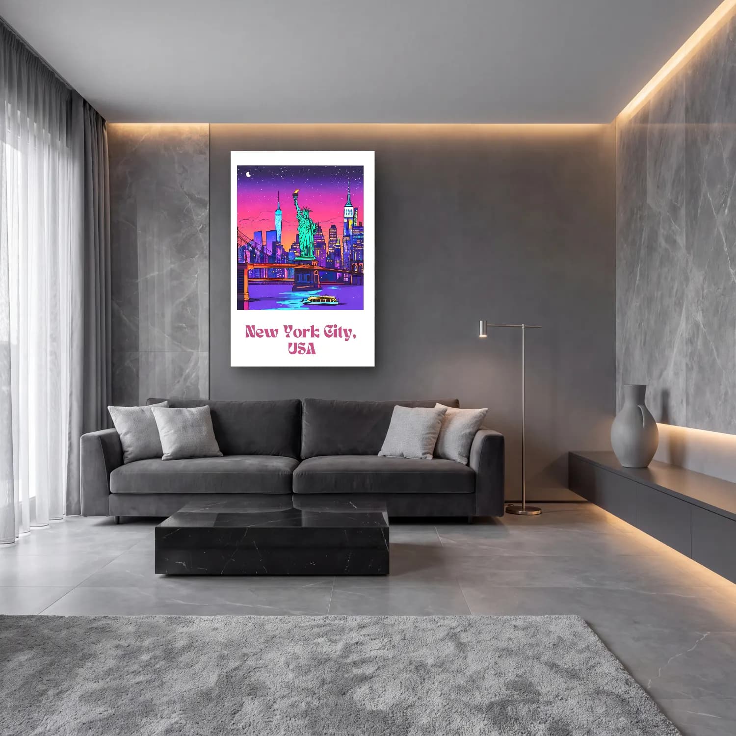 Pastel New York Silüeti No. 5 cam tablo — lüks salon duvarında