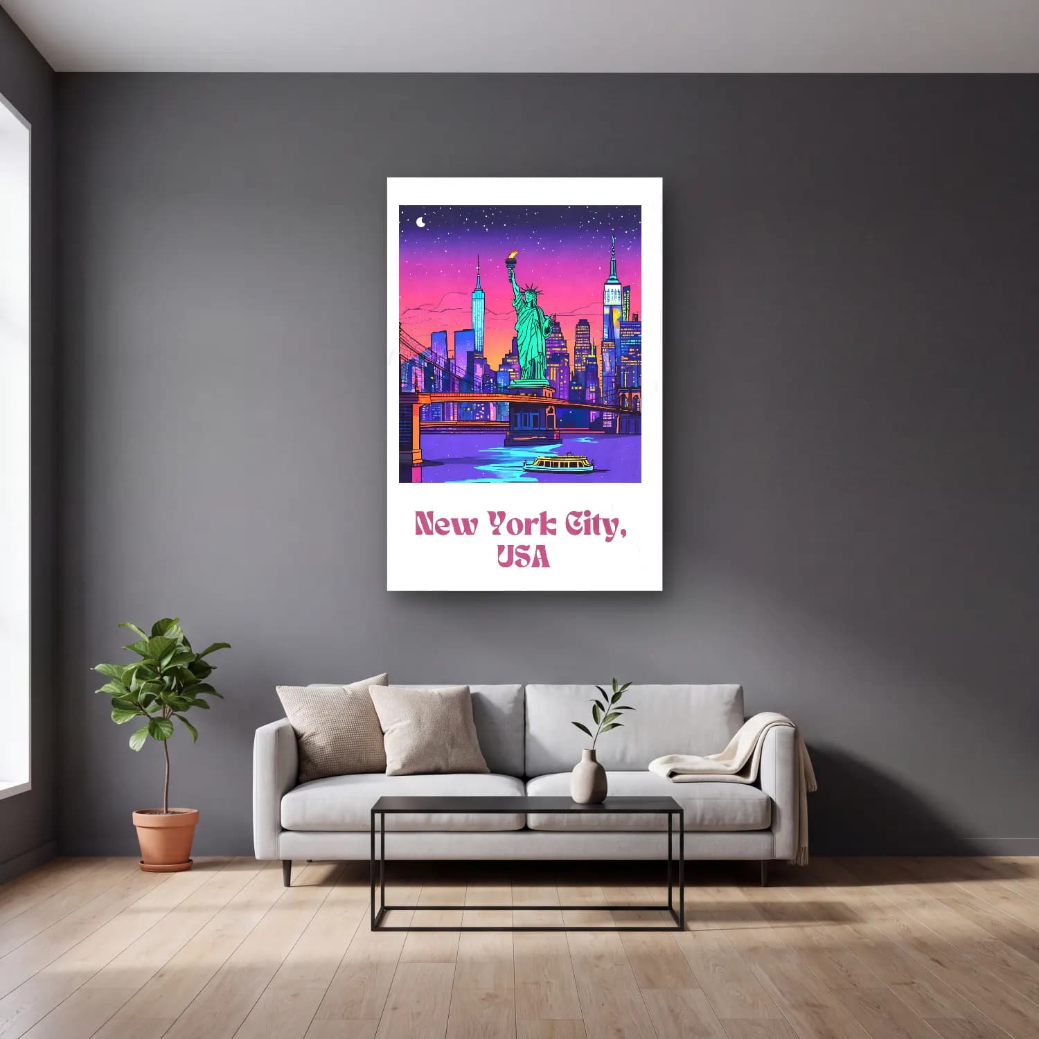 Pastel New York Silüeti No. 5 cam tablo — gri duvarlı salonda