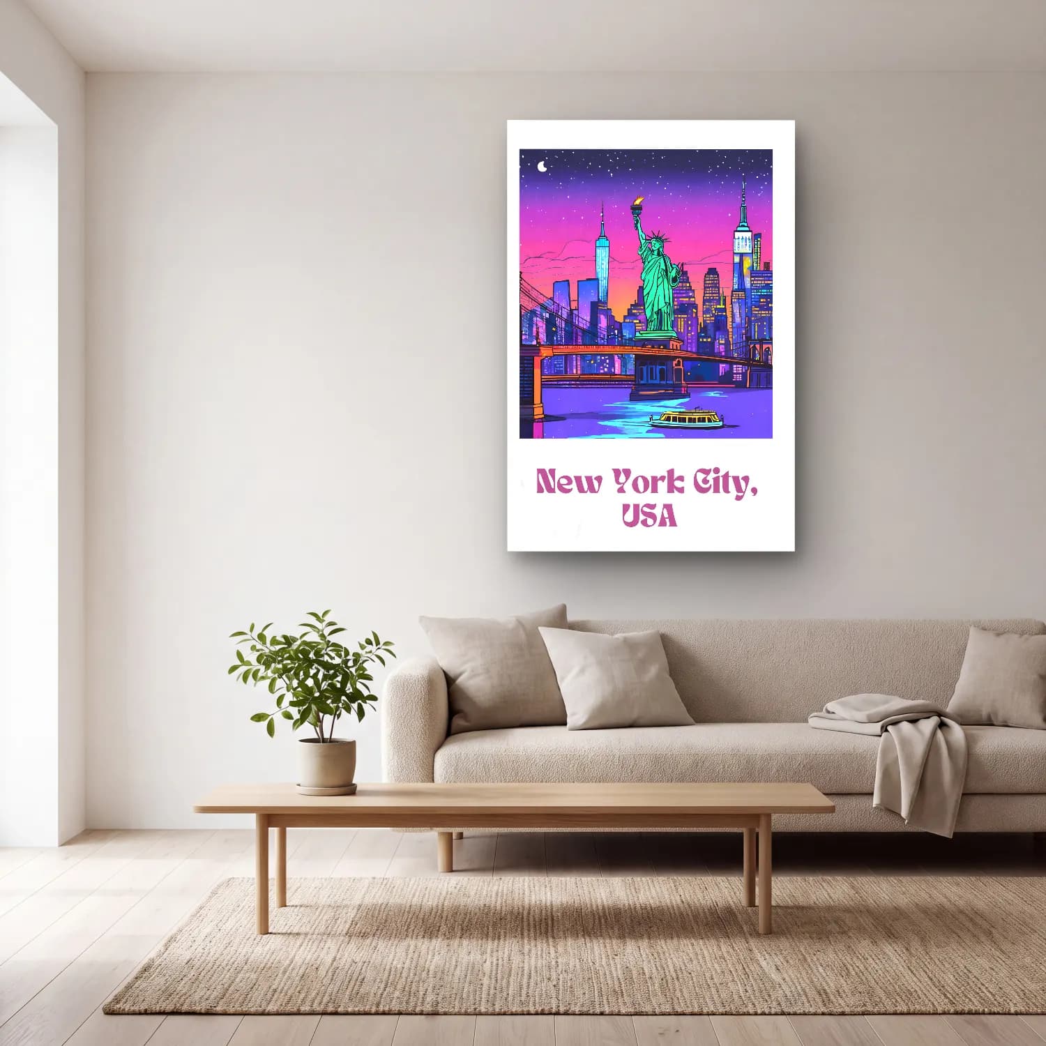 Pastel New York Silüeti No. 5 cam tablo — açık renk salonda