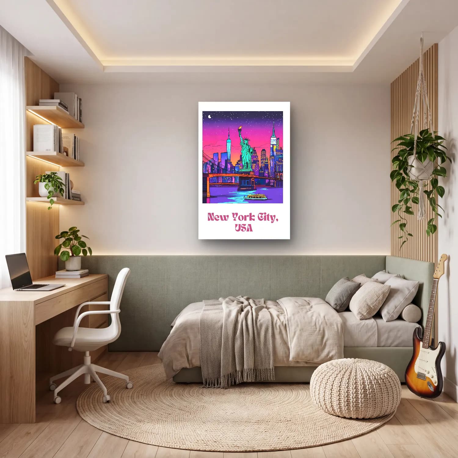 Pastel New York Silüeti No. 5 cam tablo — genç odasında