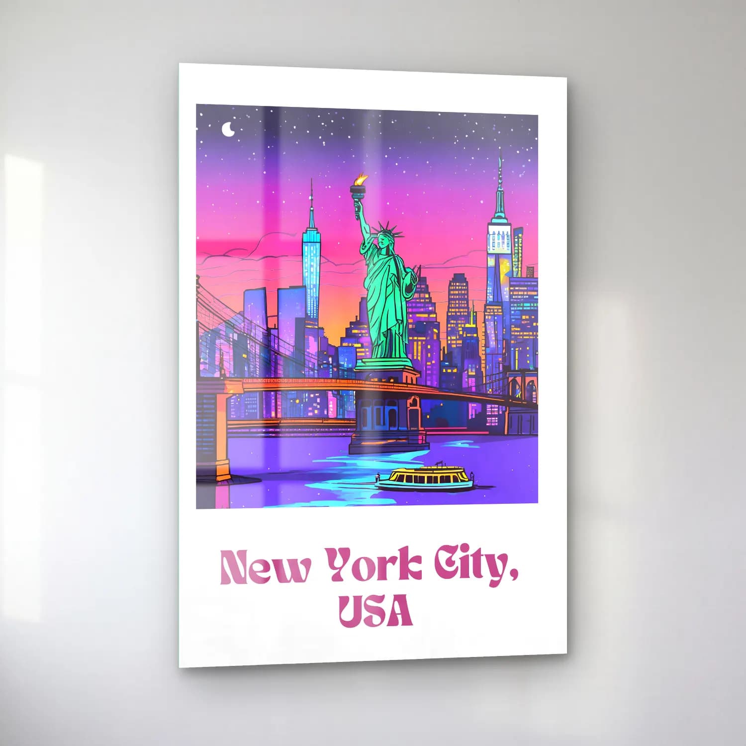 Pastel New York Silüeti No. 5 cam tablo — sol açıdan görünüm