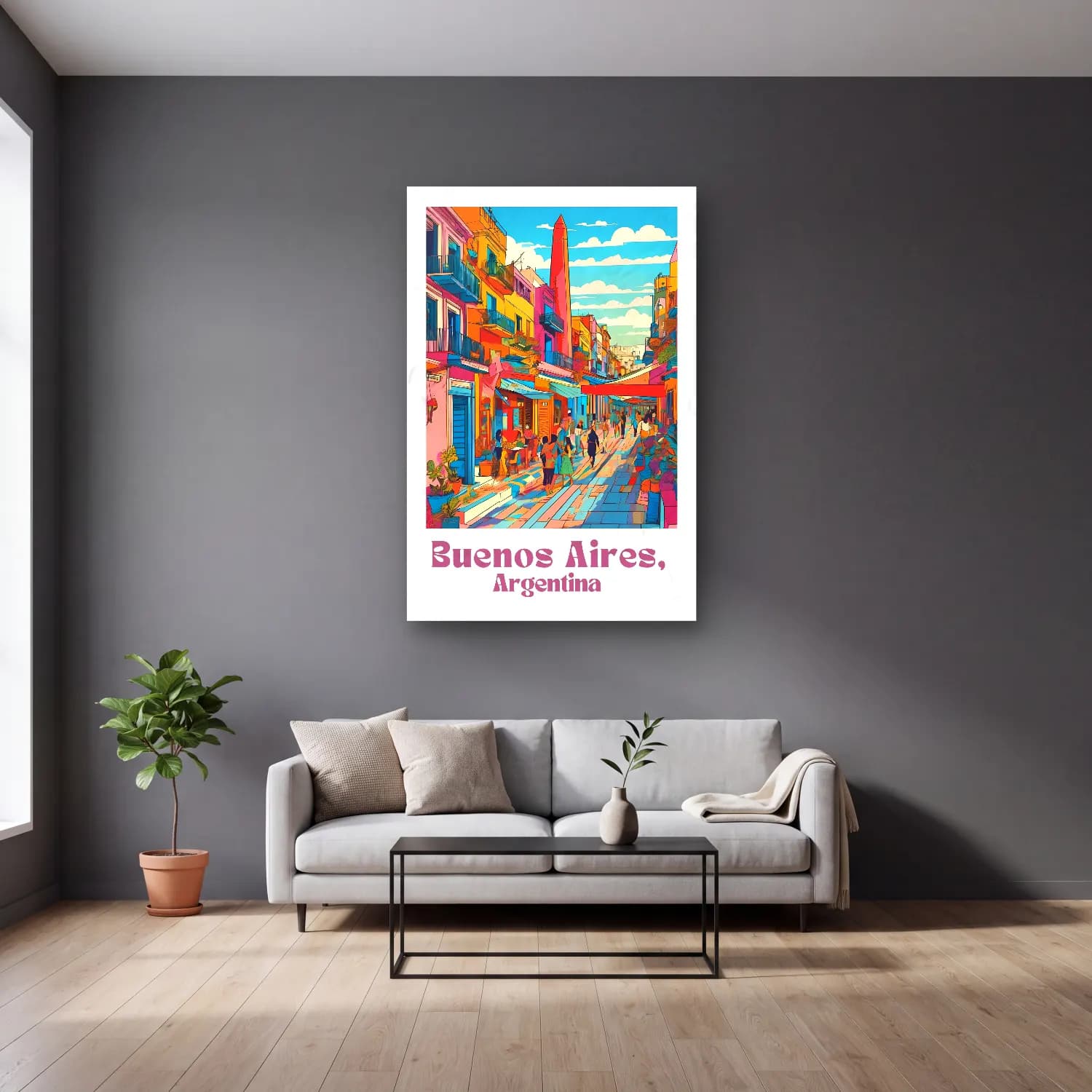 Vintage Poster Kafeli Avrupa Sokağı No. 7 cam tablo — gri duvarlı salonda