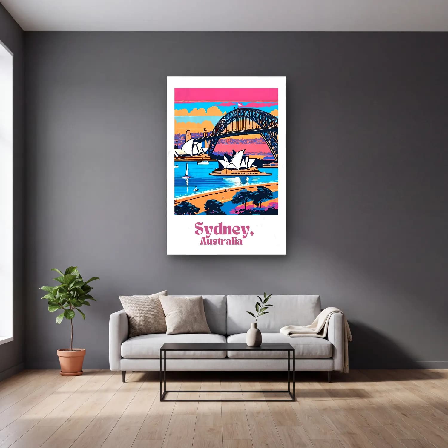 Vintage Poster Köprü No. 7 cam tablo — gri duvarlı salonda