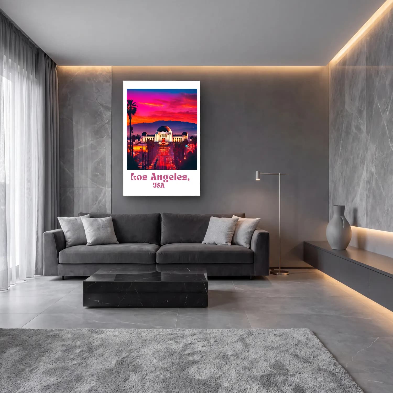 Vintage Poster Gece Şehir – Pembe Tonlar cam tablo — lüks salon duvarında