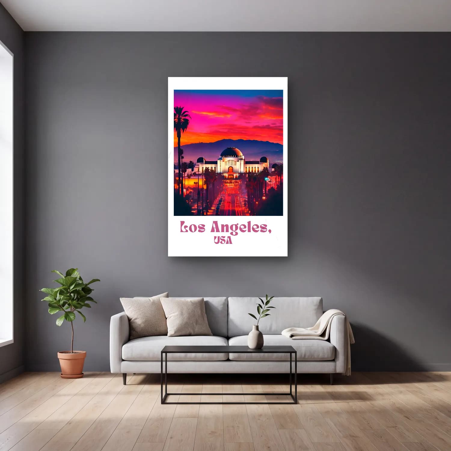 Vintage Poster Gece Şehir – Pembe Tonlar cam tablo — gri duvarlı salonda