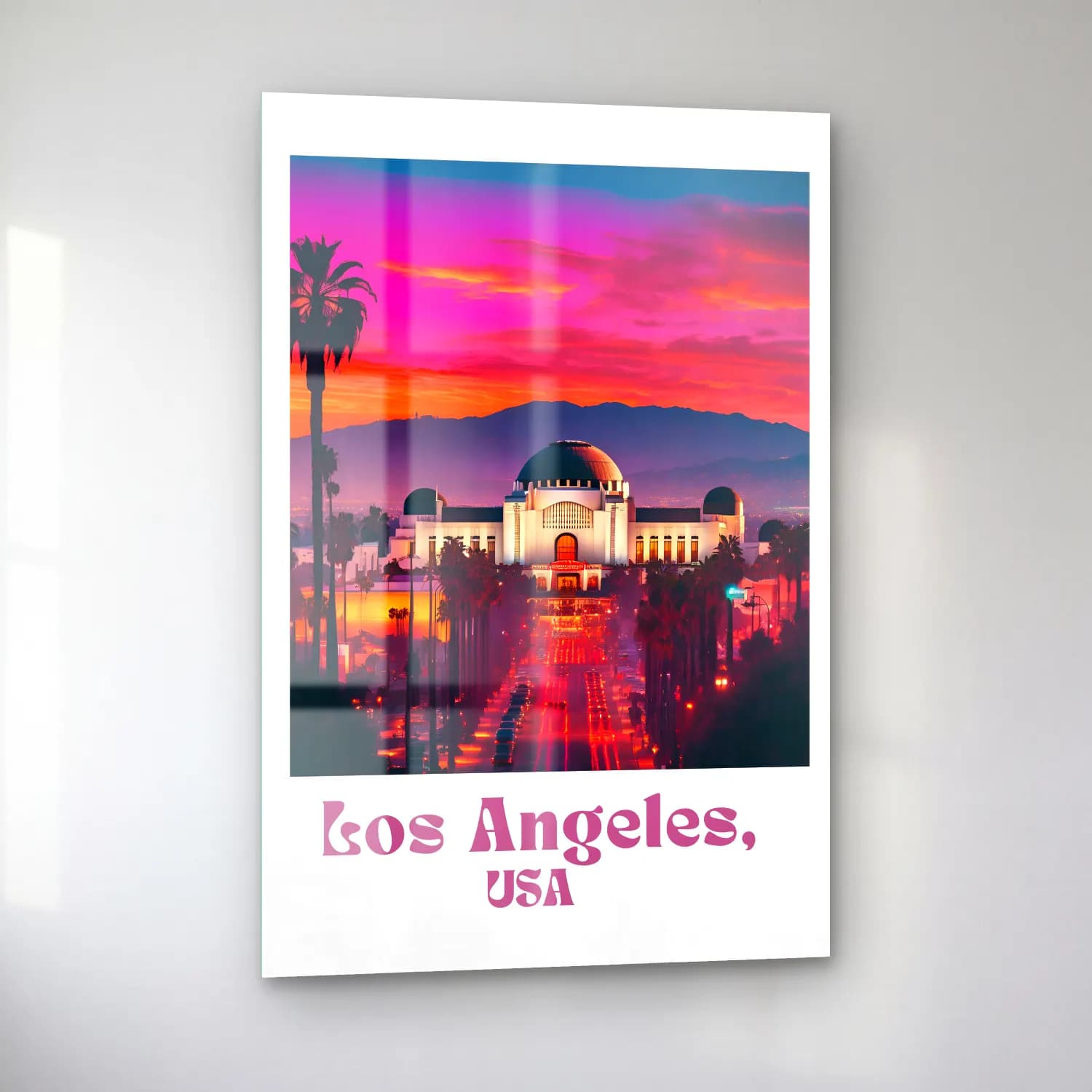Vintage Poster Gece Şehir – Pembe Tonlar cam tablo — sol açıdan görünüm