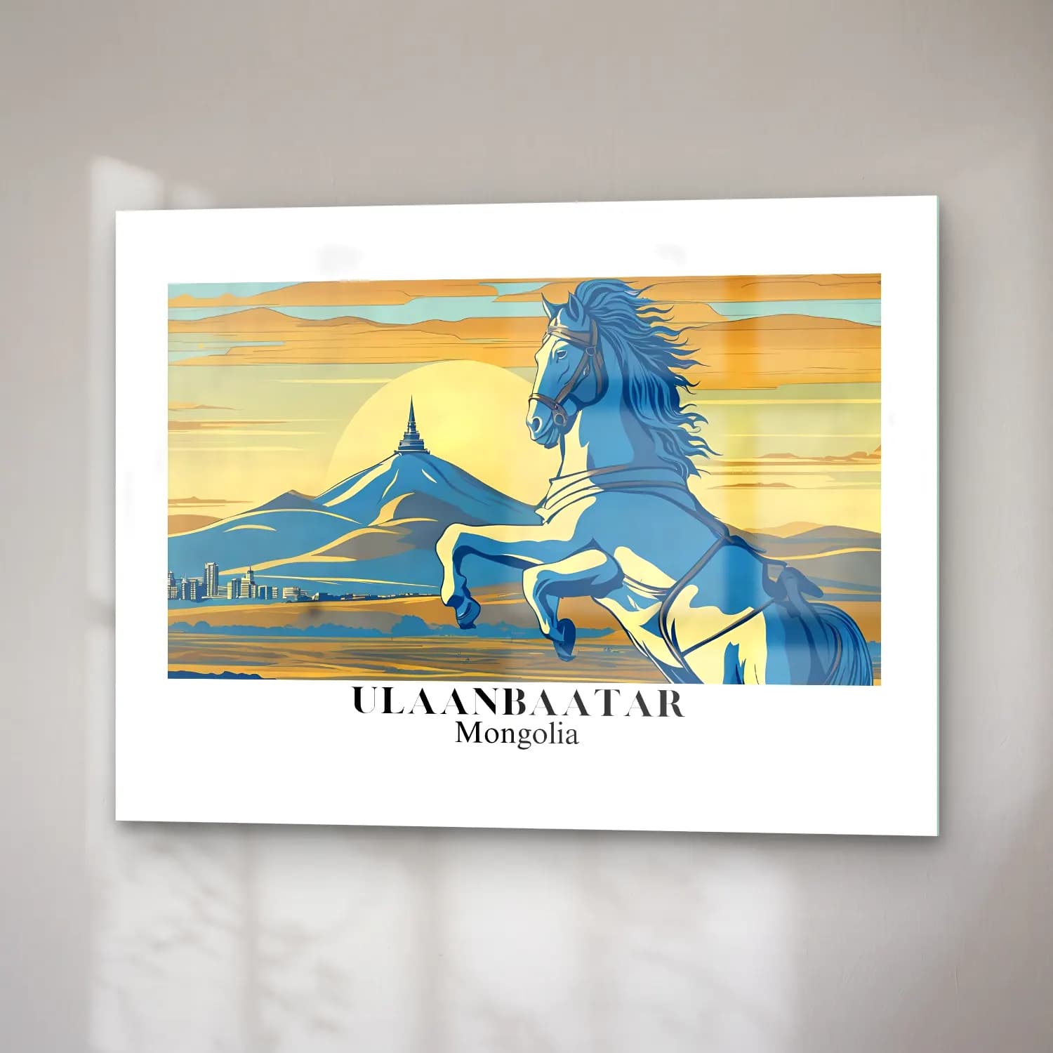 Vintage Poster Atlı – Mavi Tonlar cam tablo — sağ açıdan görünüm