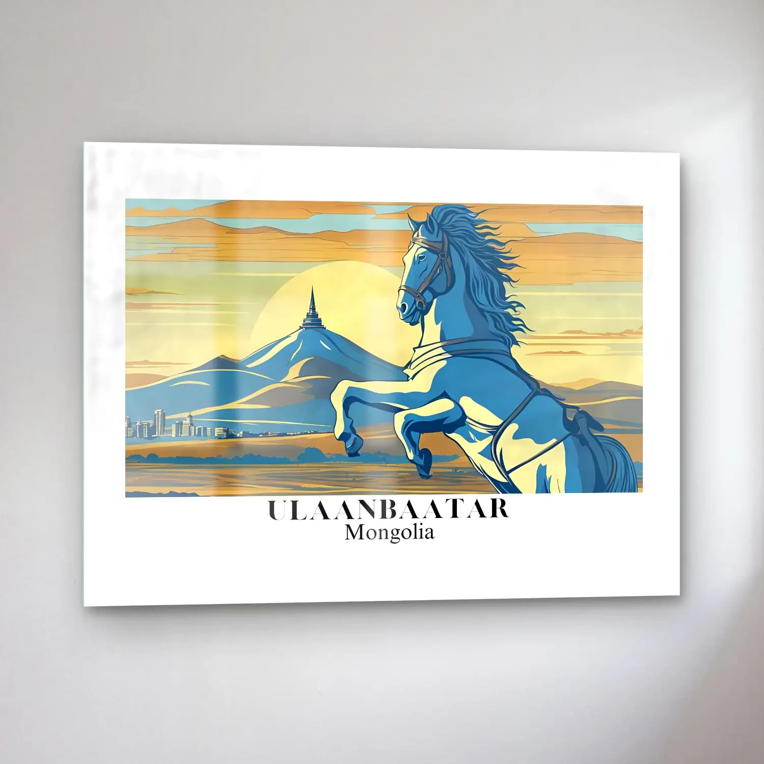 Vintage Poster Atlı – Mavi Tonlar cam tablo — sol açıdan görünüm