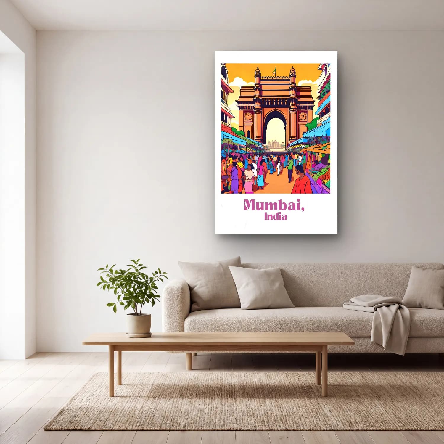Vintage Poster Çiçek Pazarı – Turuncu Tonlar cam tablo — açık renk salonda