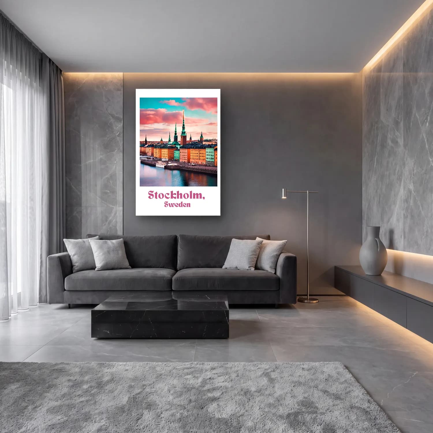 Pastel Gece Şehir No. 4 cam tablo — lüks salon duvarında