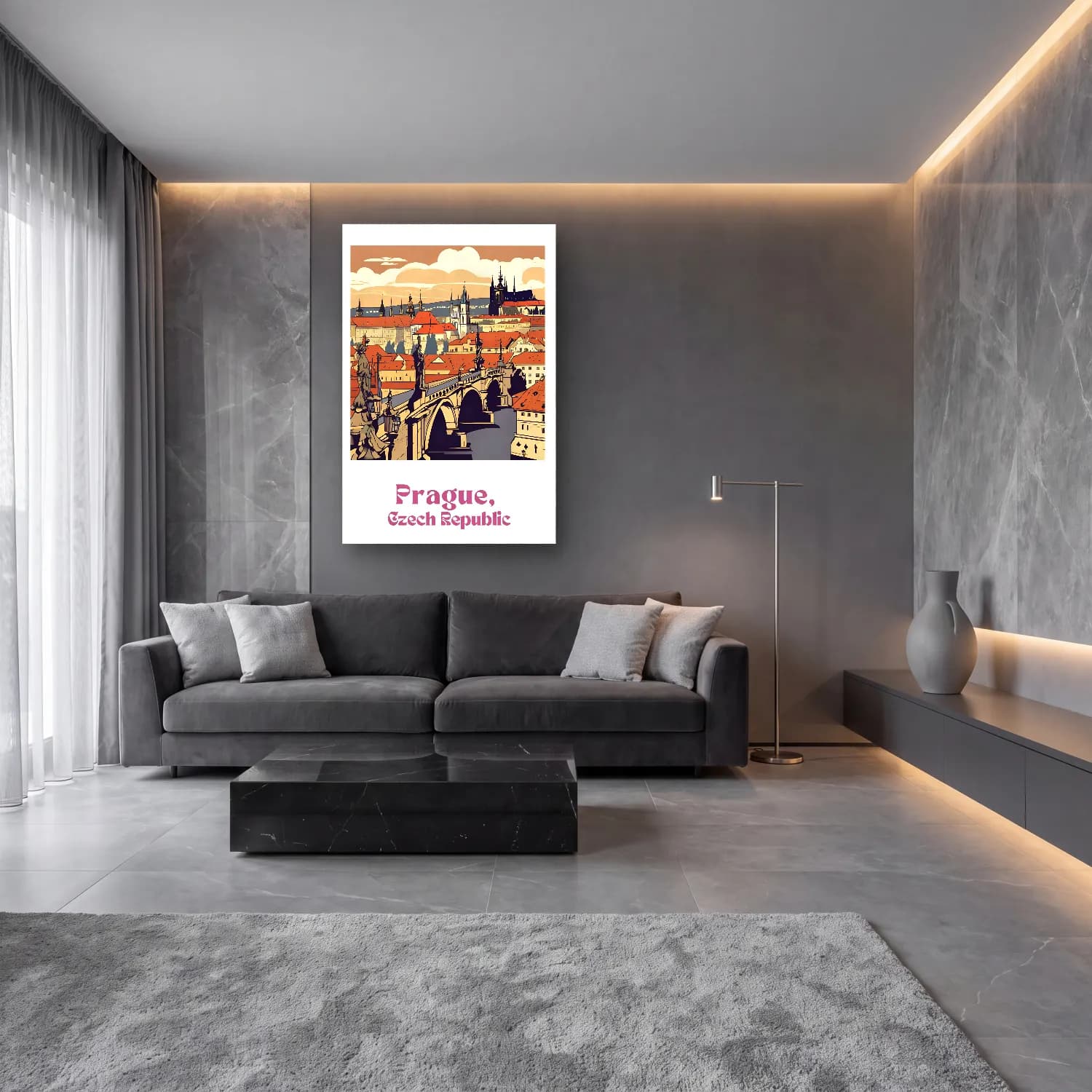 Vintage Poster Köprü – Mor Tonlar cam tablo — lüks salon duvarında