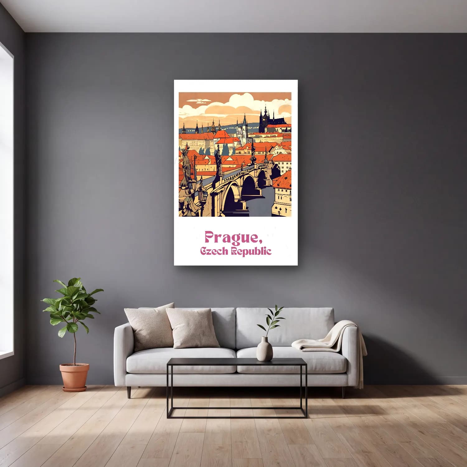 Vintage Poster Köprü – Mor Tonlar cam tablo — gri duvarlı salonda