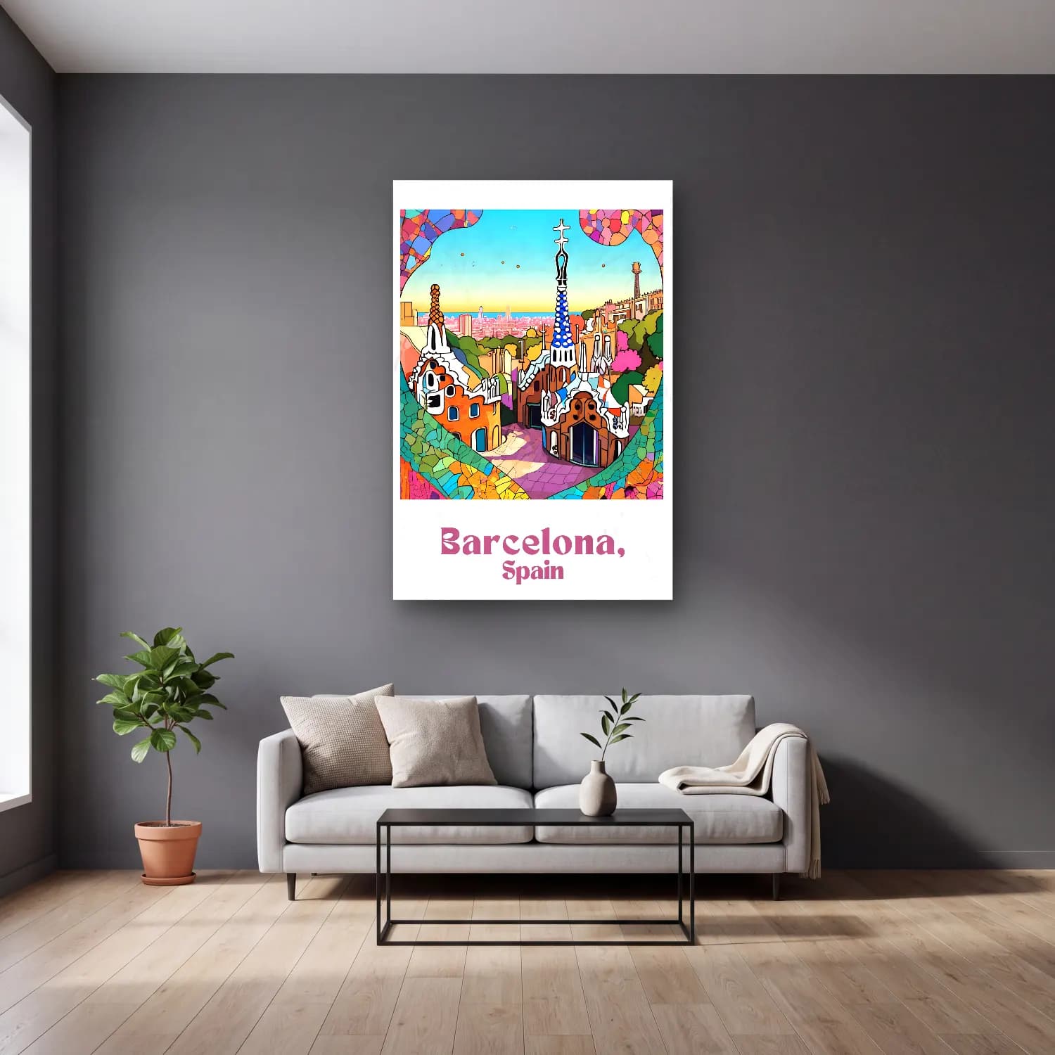 Pop Art Şato cam tablo — gri duvarlı salonda