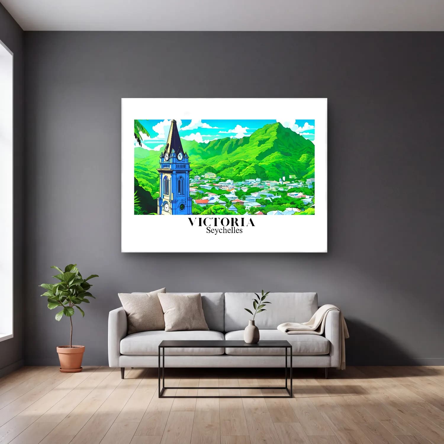 Vintage Poster Katedral – Mavi Tonlar cam tablo — gri duvarlı salonda