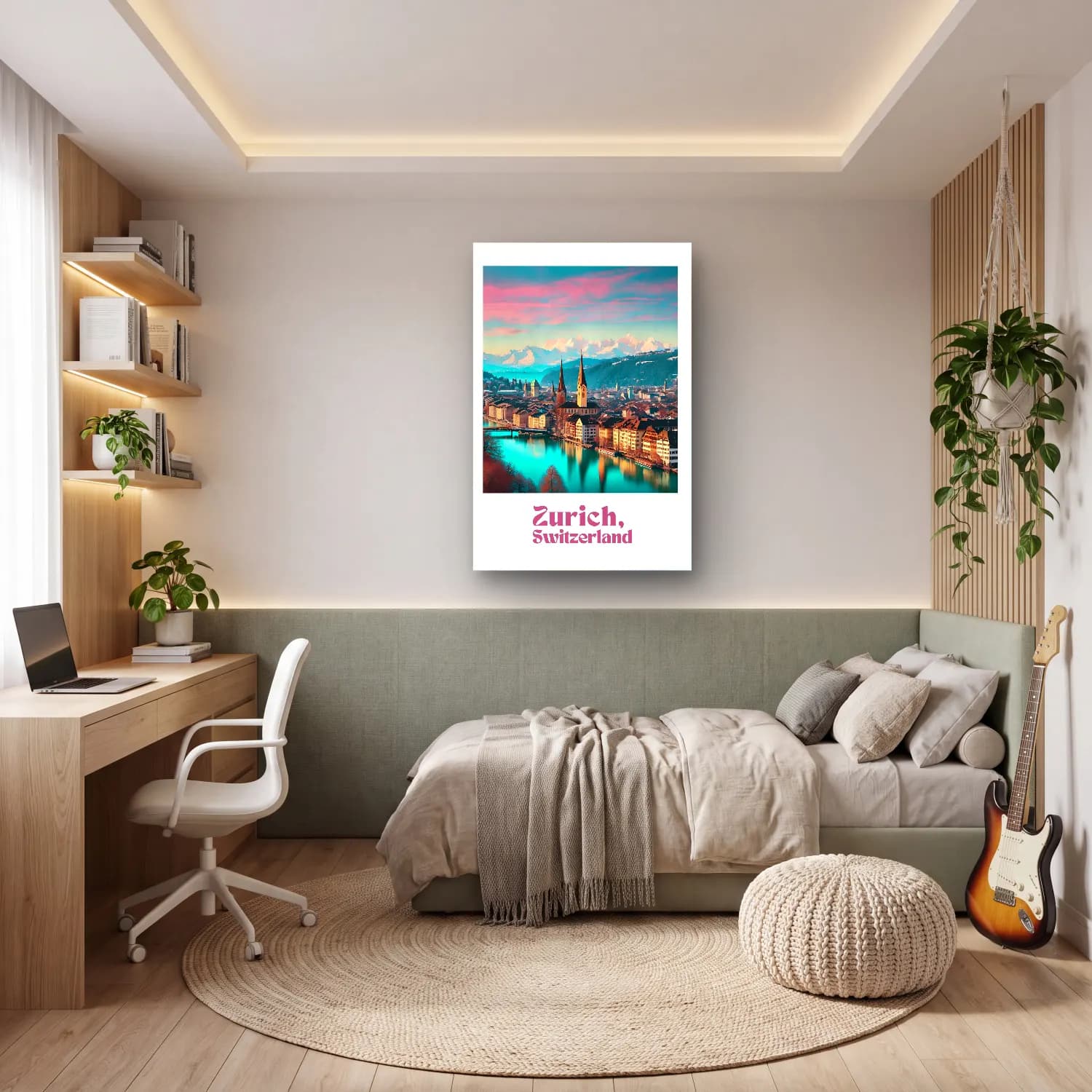 Vintage Poster Göl ve Dağlar – Turkuaz Tonlar cam tablo — genç odasında