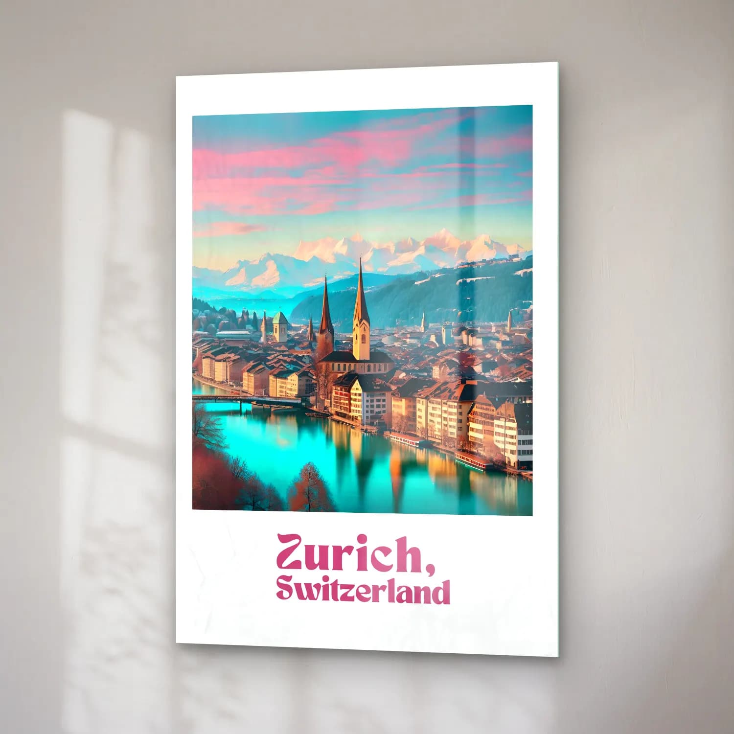 Vintage Poster Göl ve Dağlar – Turkuaz Tonlar cam tablo — sağ açıdan görünüm