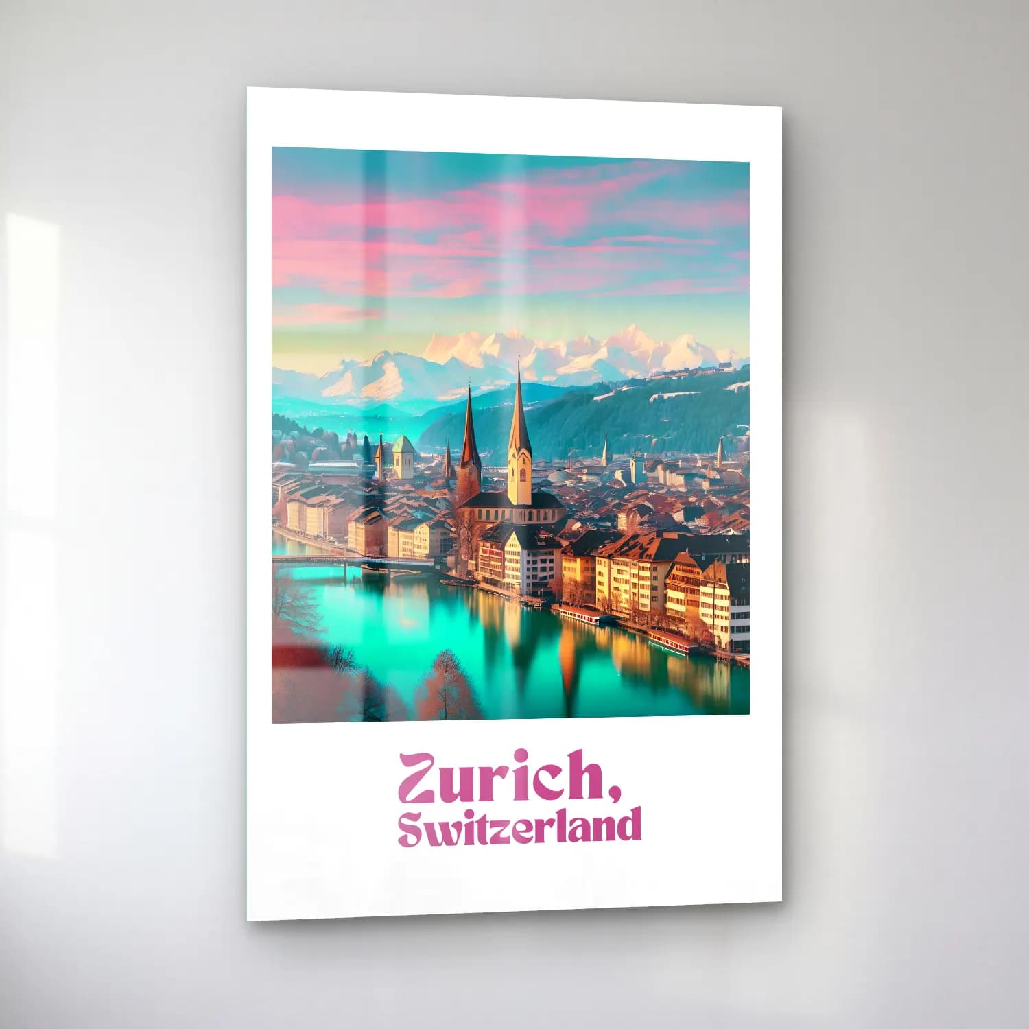 Vintage Poster Göl ve Dağlar – Turkuaz Tonlar cam tablo — sol açıdan görünüm