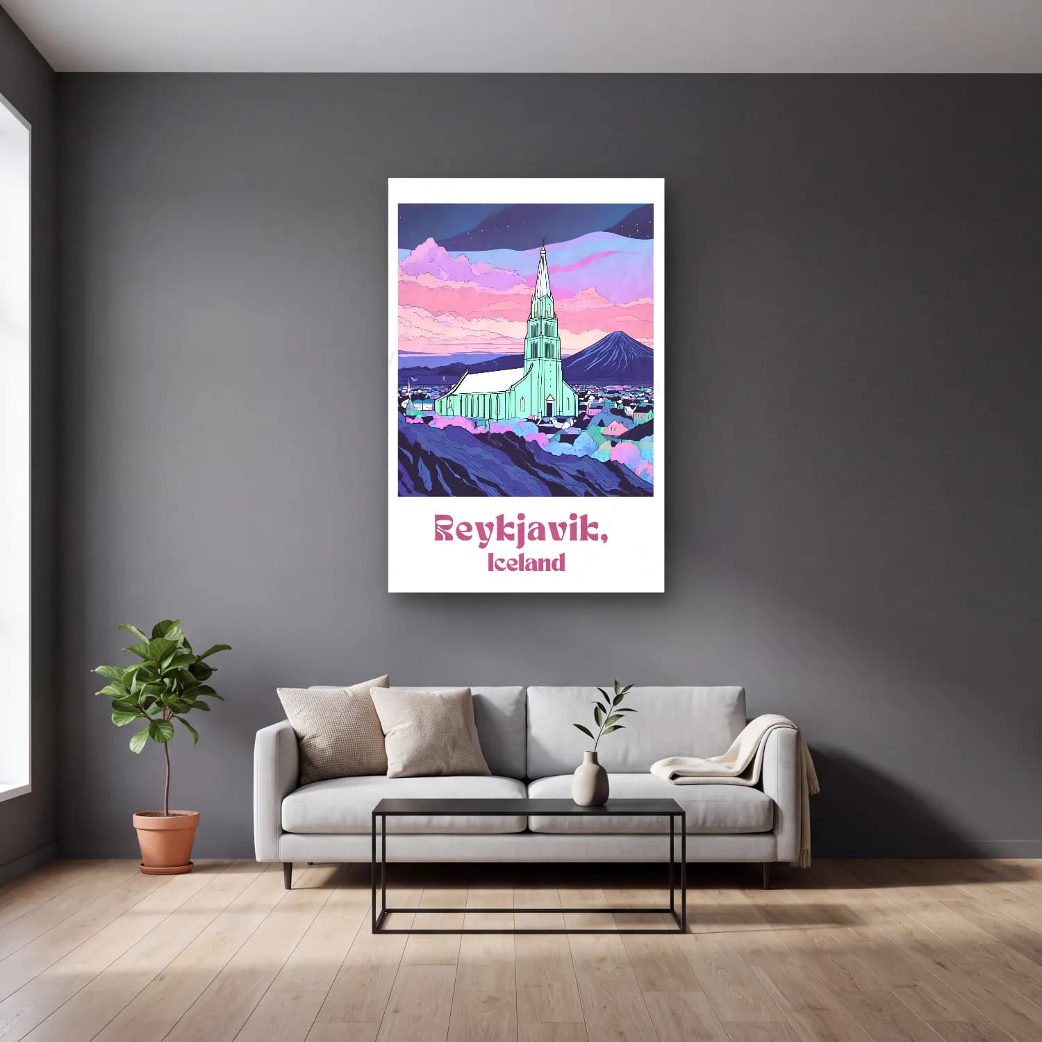 Pastel Katedral No. 8 cam tablo — gri duvarlı salonda