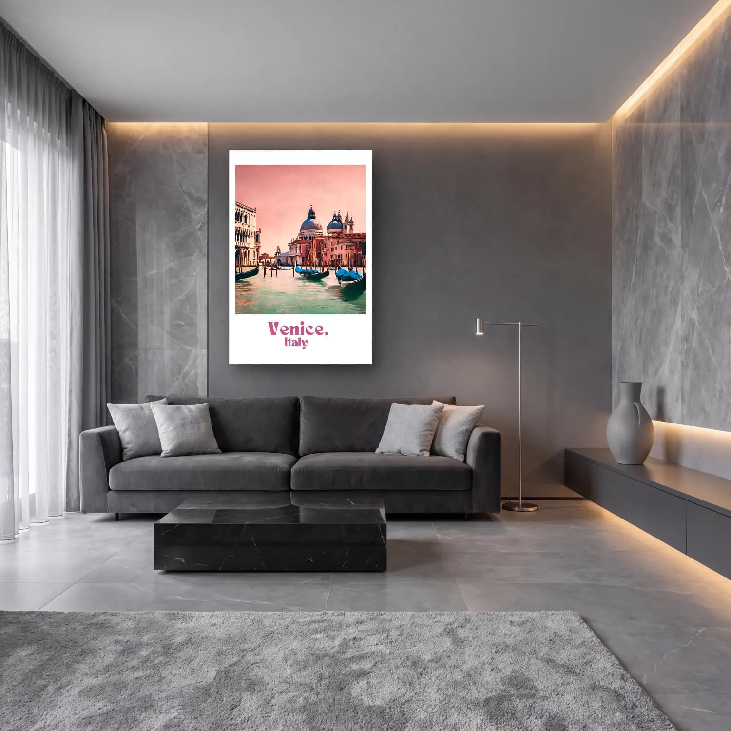 Pastel Venedik Kanalları – Pembe Tonlar cam tablo — lüks salon duvarında